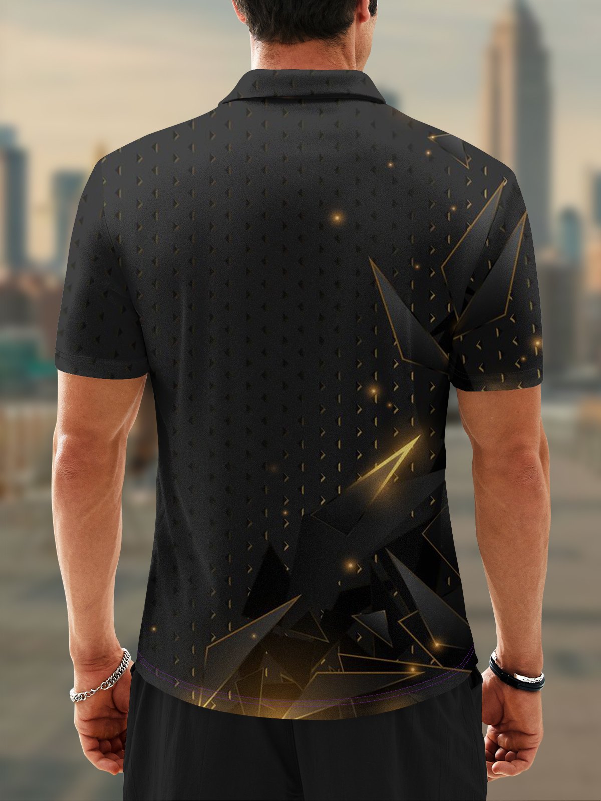 Moisture Wicking Golf Polo 3D Black Gold Gradient Color Abstract Geometric