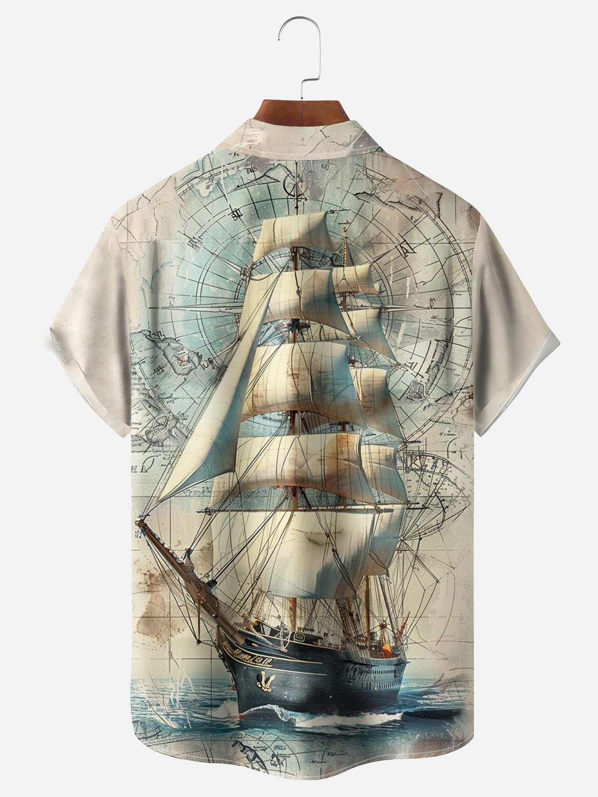 Moisture-wicking Sailboat Art Illustration Chest Pocket Hawaiian Shirt