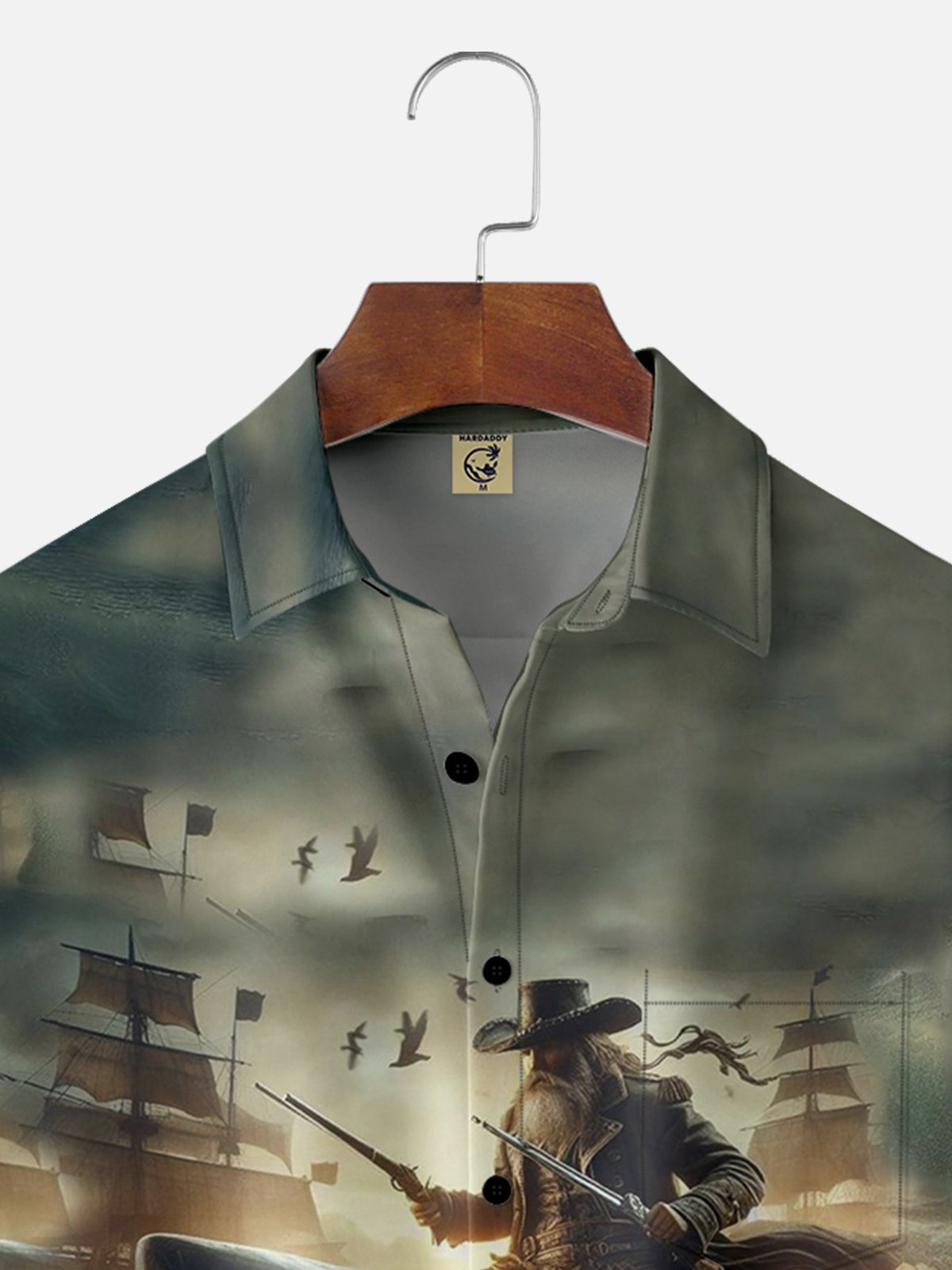 Tall Size Moisture-wicking Shark Pirate Chest Pocket Hawaiian Shirt