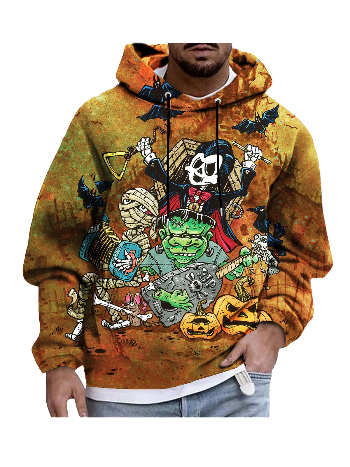 Skull Illustration Hooded Long-Sleeved Sweatshirt By David Lozeau