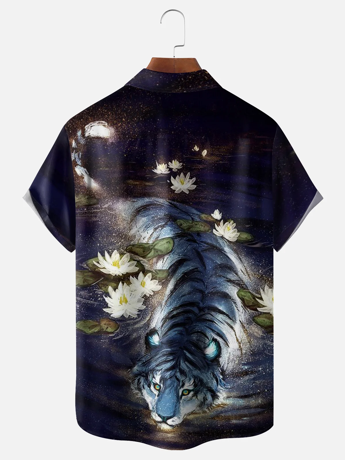 Moisture-wicking White Tiger In The Lotus Pond Chest Pocket Hawaiian Shirt