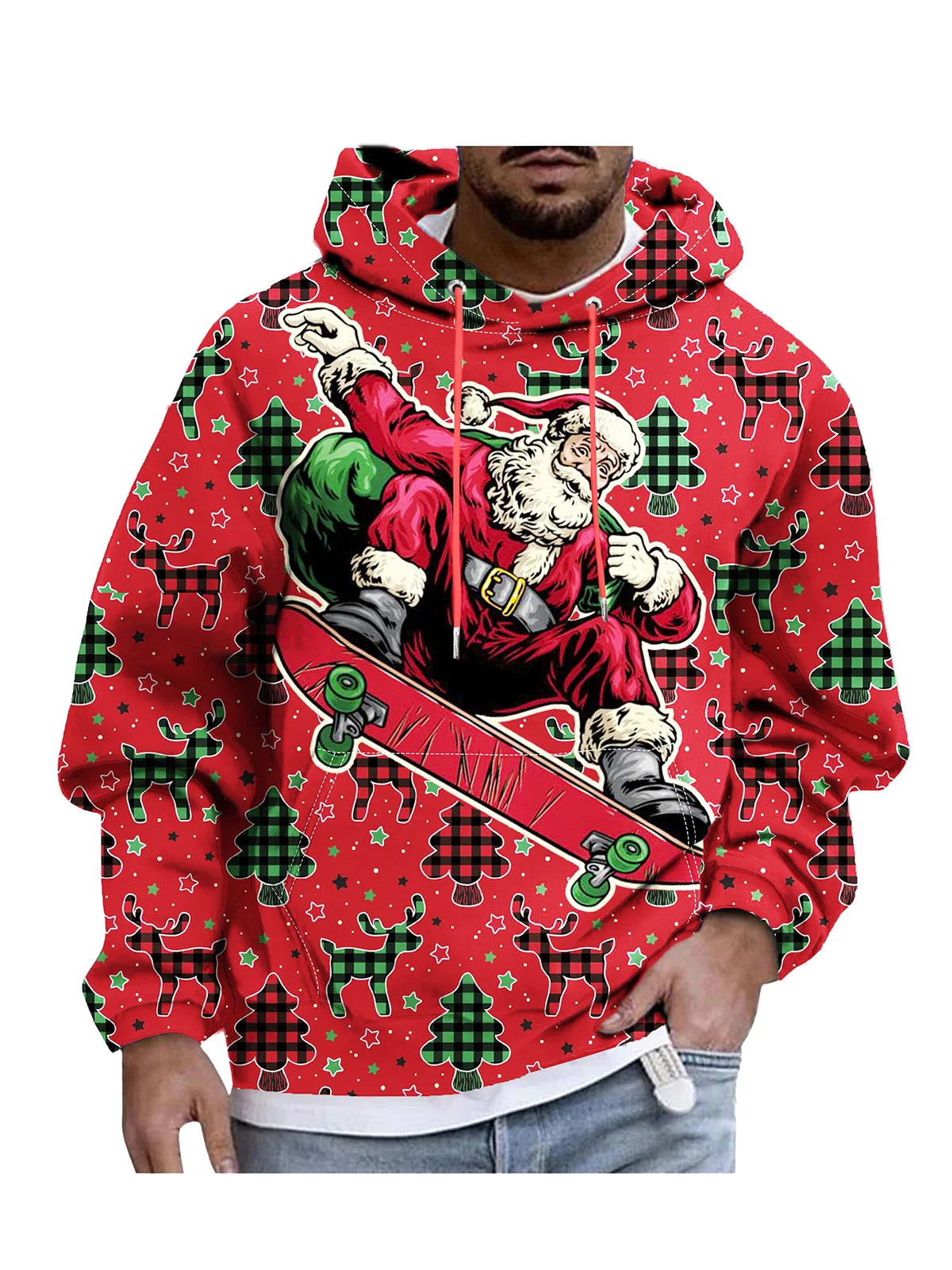 Moisture-wicking Santa Claus Skateboard Illustration Hooded Long Sleeve Sweatshirt