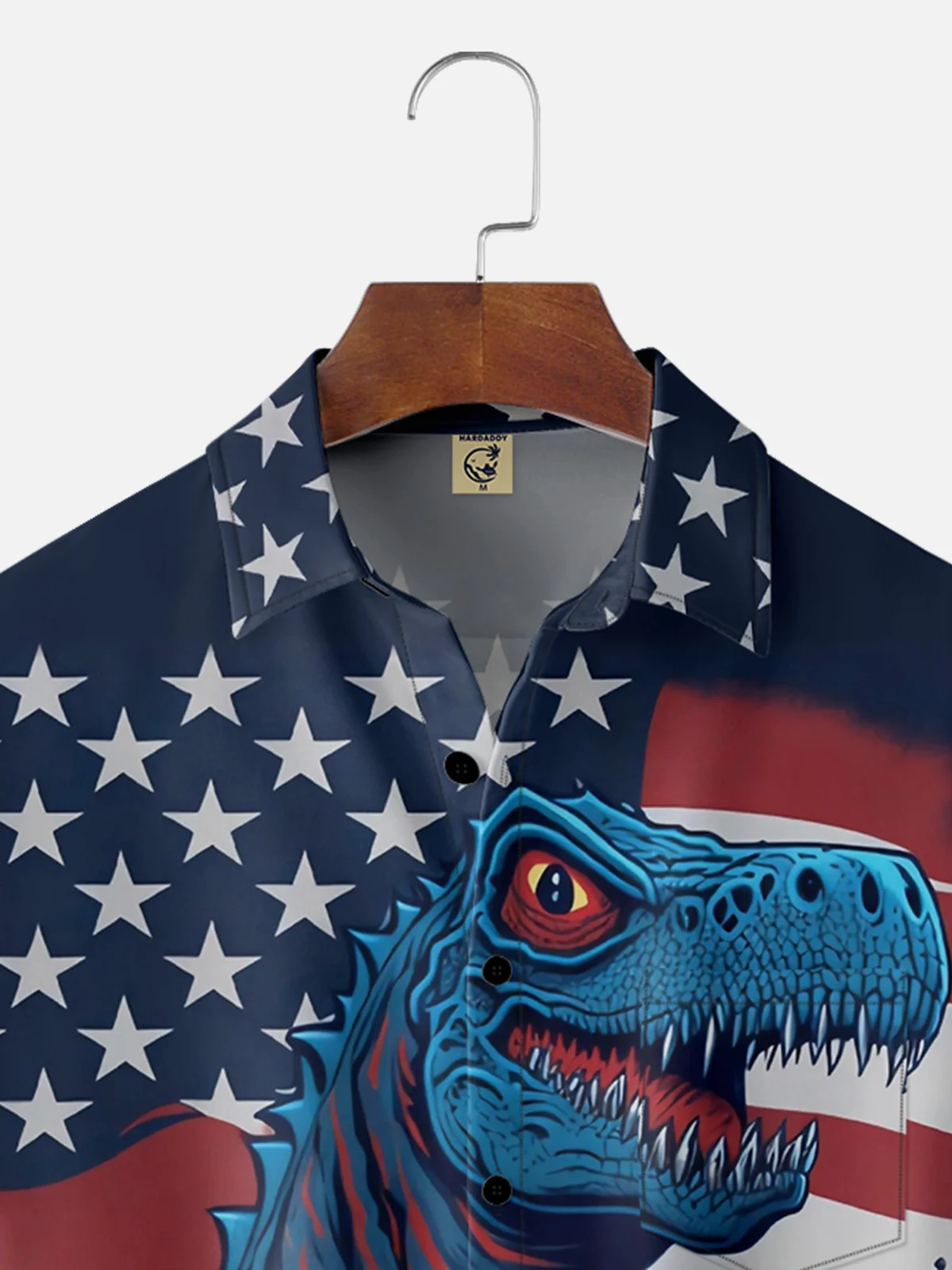 Moisture-wicking American Flag Dinosaur Chest Pocket Hawaiian Shirt