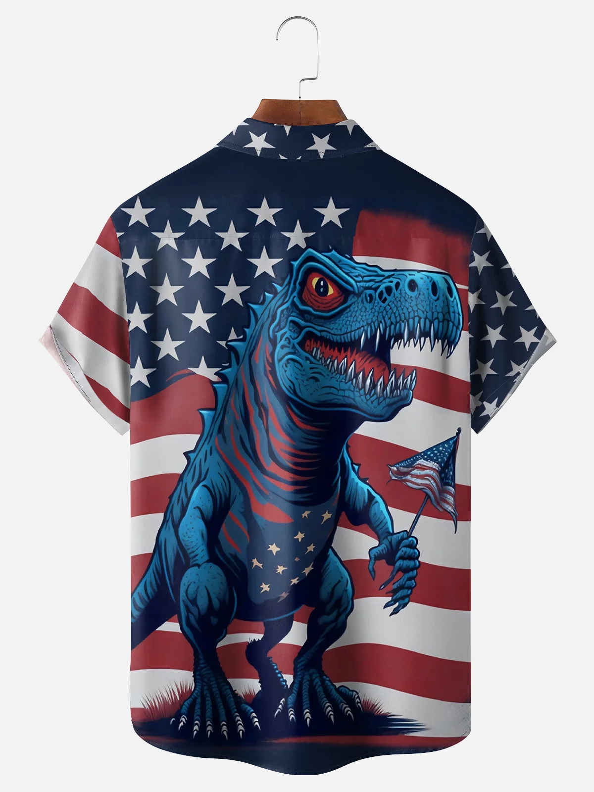 Moisture-wicking American Flag Dinosaur Chest Pocket Hawaiian Shirt