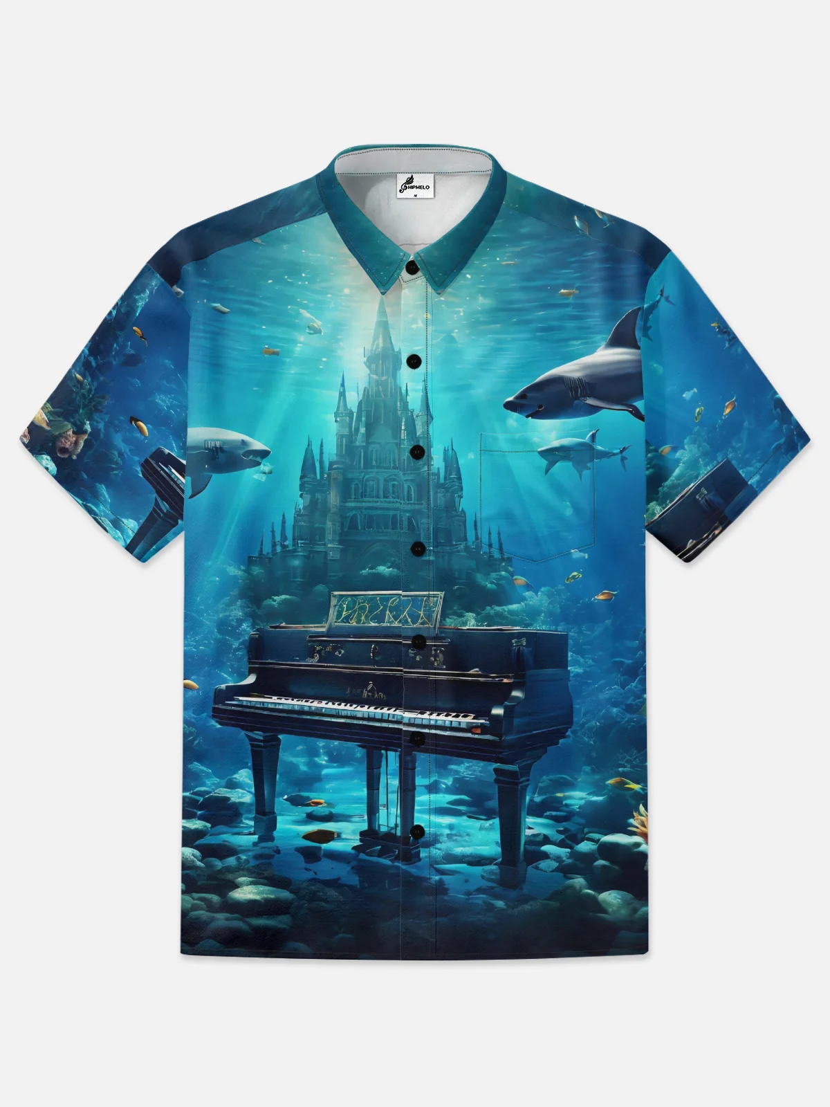 Moisture-wicking Music Undersea Piano Chest Pocket Hawaiian Shirt