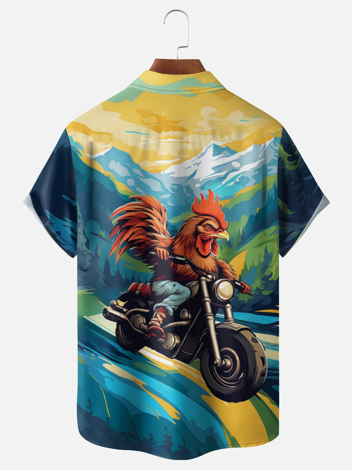 Moisture-wicking Motocycle Racing Rooster Chest Pocket Hawaiian Shirt