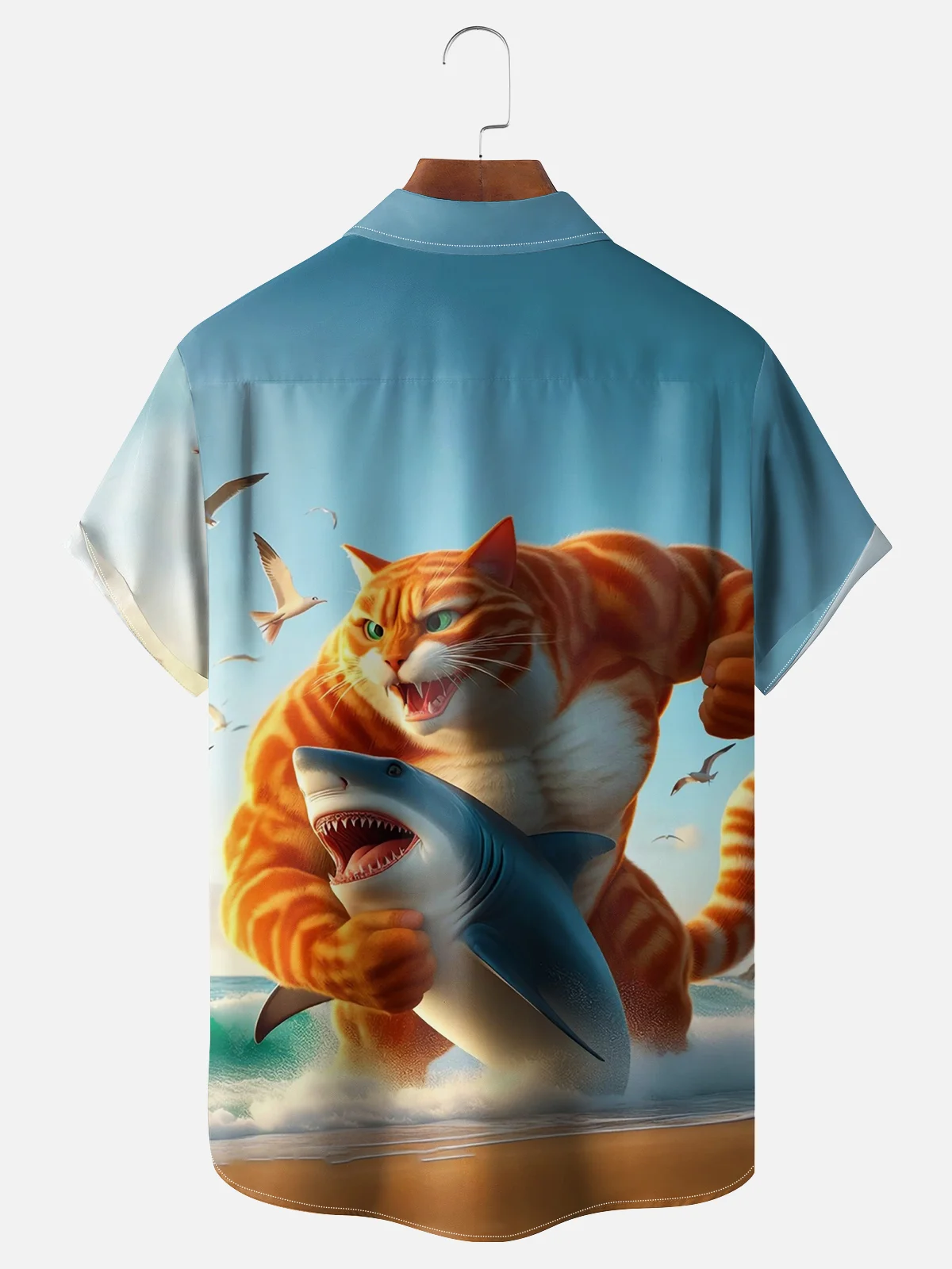 Moisture-wicking Cat vs. Shark Chest Pocket Hawaiian Shirt