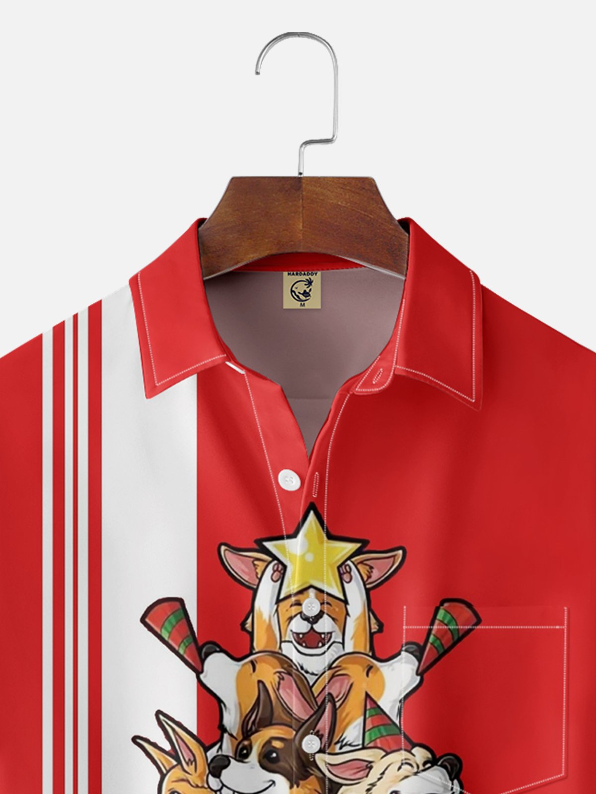 Moisture-wicking Puppy Christmas Tree Chest Pocket Bowling Shirt