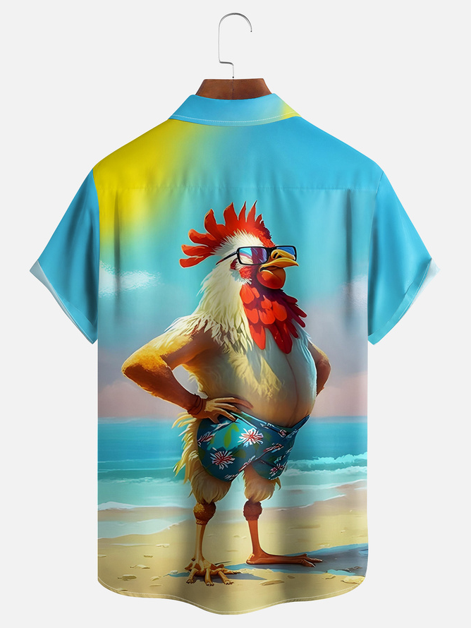 Tall Size Moisture-wicking Beach Fun Chicken Chest Pocket Hawaiian Shirt