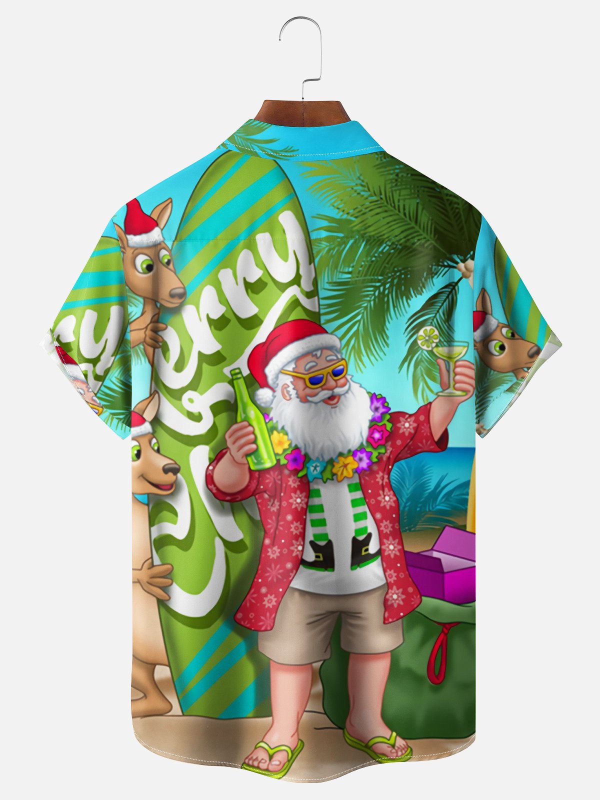 Men's Beach Santa Print Casual Breathable Hawaiian Short Sleeve Shirt