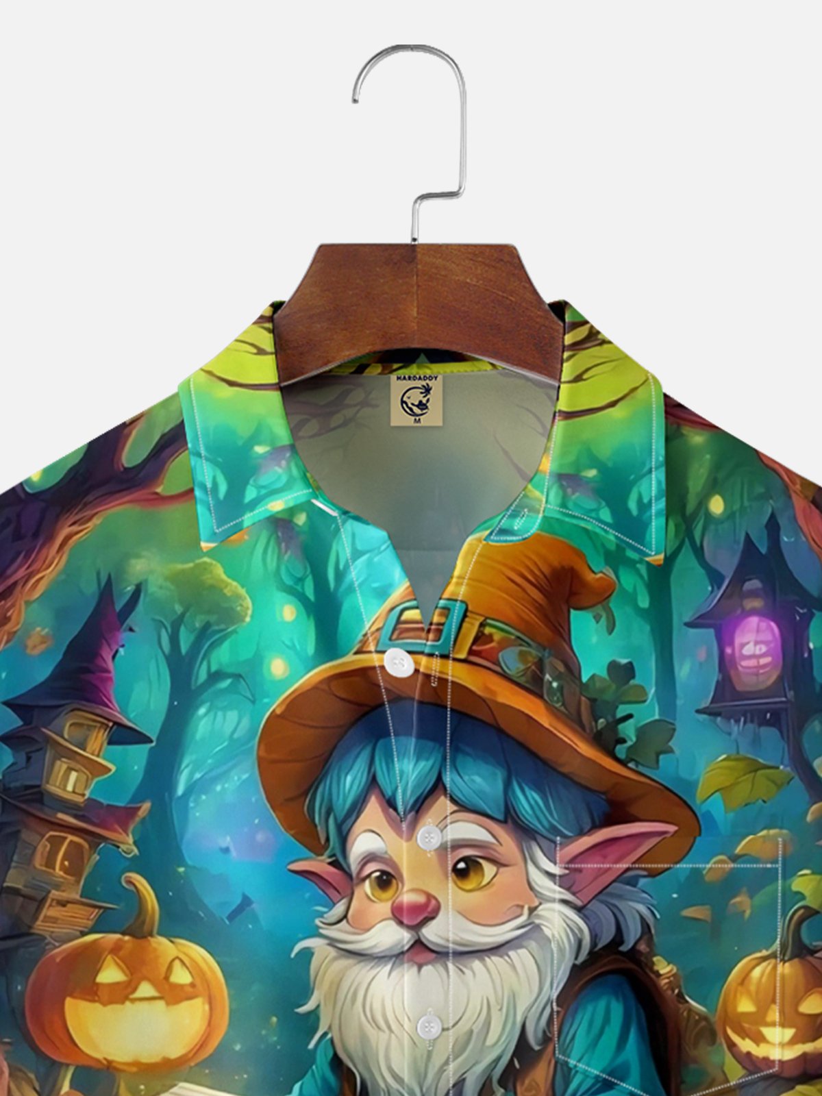 Moisture-wicking Gnome and Pumpkin Chest Pocket Hawaiian Shirt