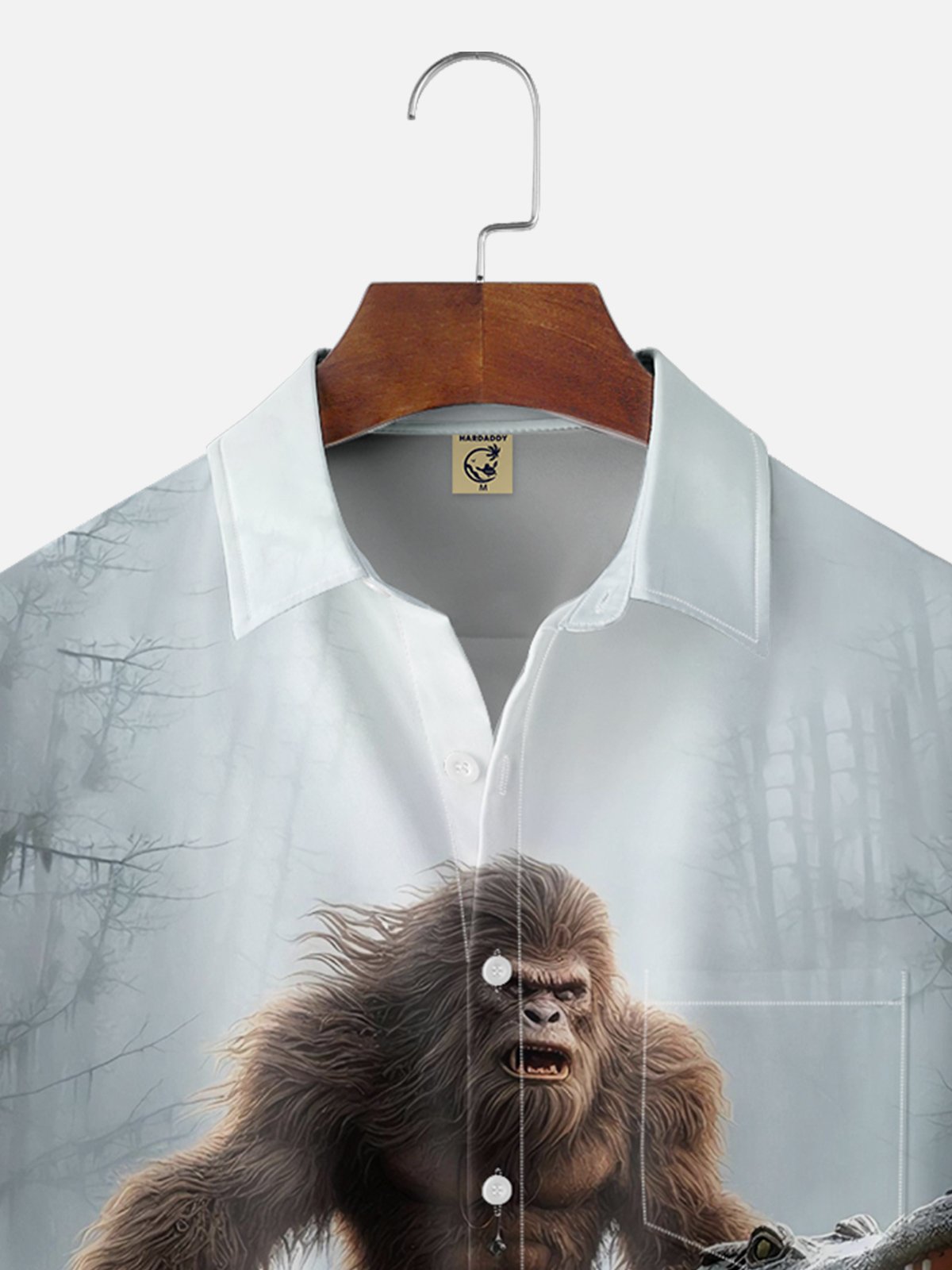 Moisture-wicking Bigfoot vs. Giant Crocodile Chest Pocket Hawaiian Shirt