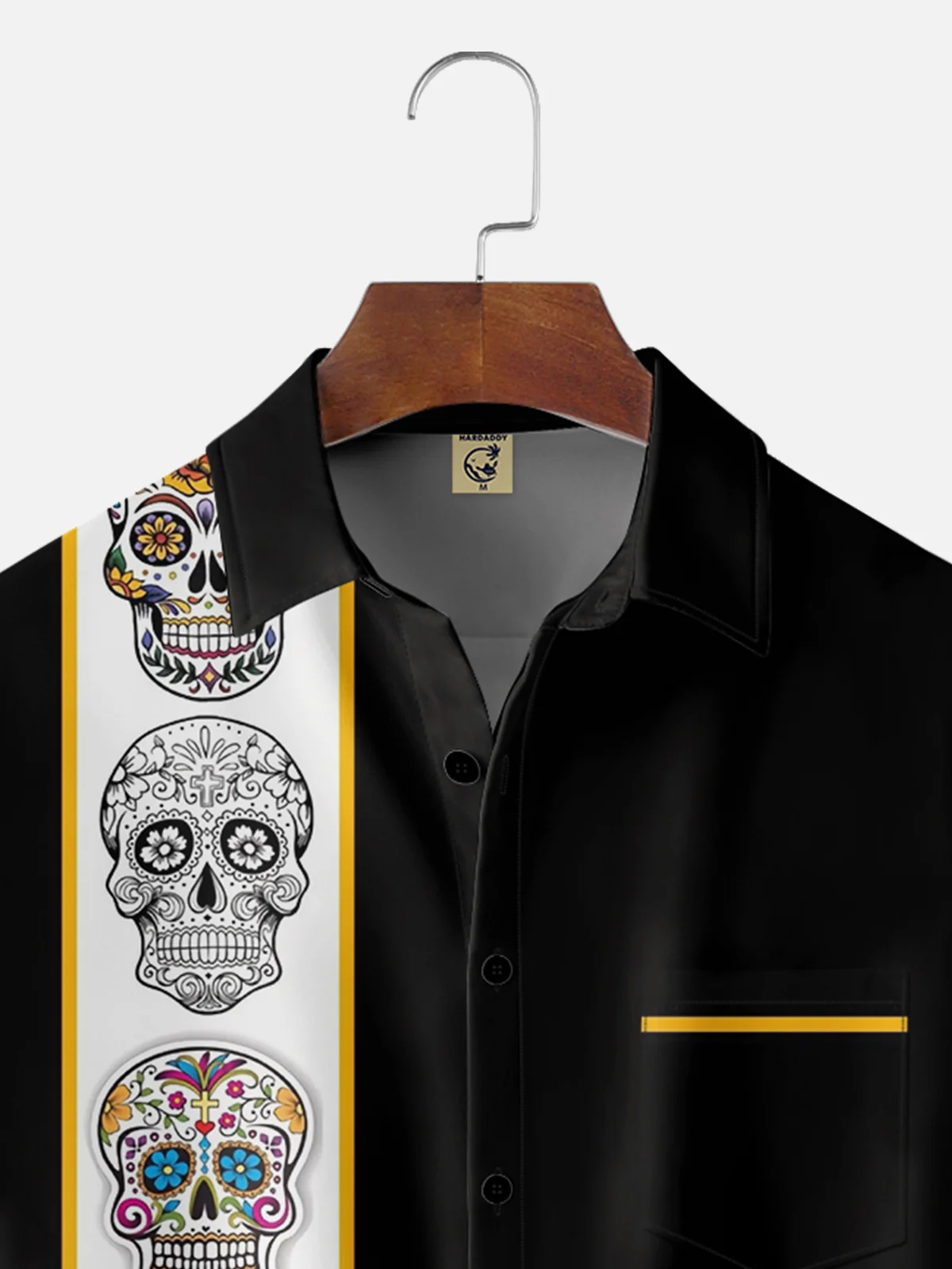 Moisture-wicking Art Skull Chest Pocket Bowling Shirt