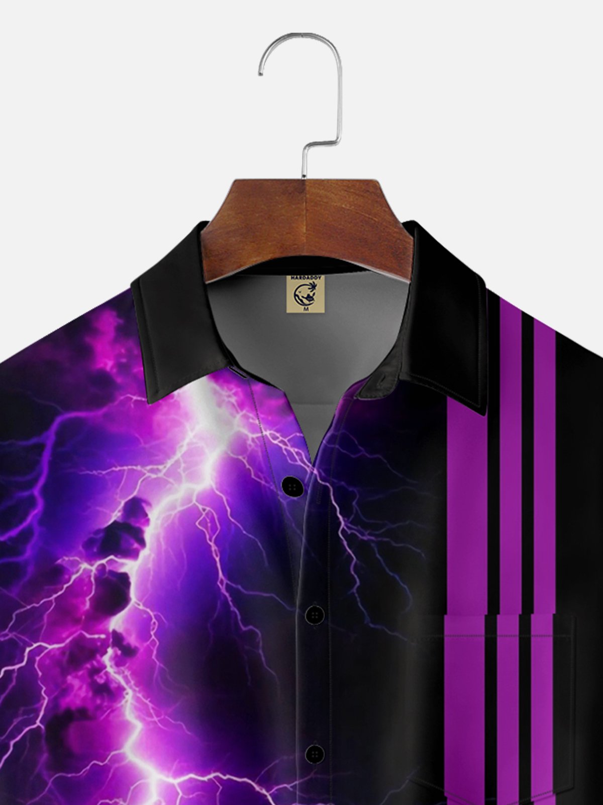 Moisture-wicking Purple Thunder Art Chest Pocket Bowling Shirt