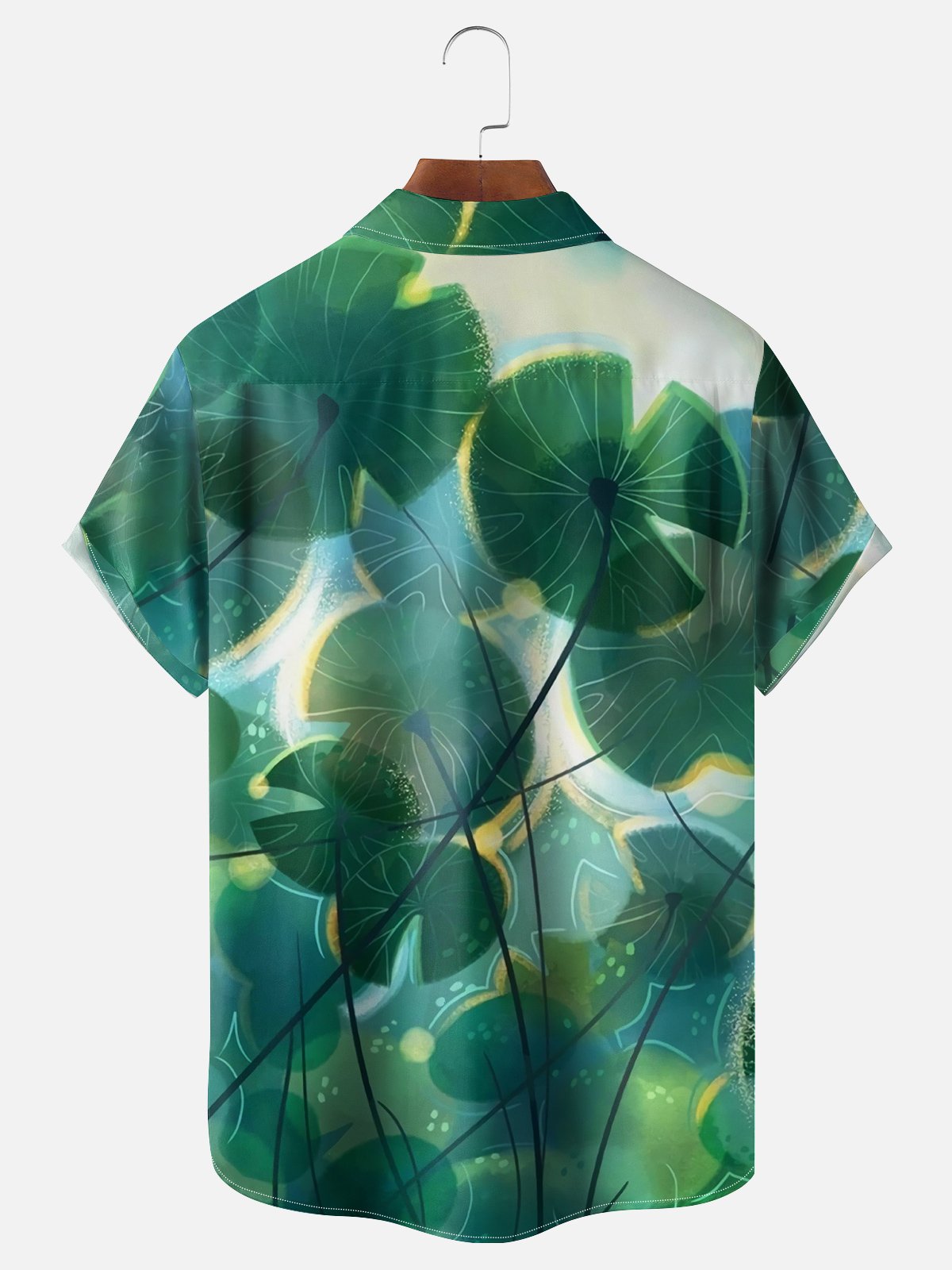 Moisture-wicking Watercolor Lotus Leaf Chest Pocket Hawaiian Shirt