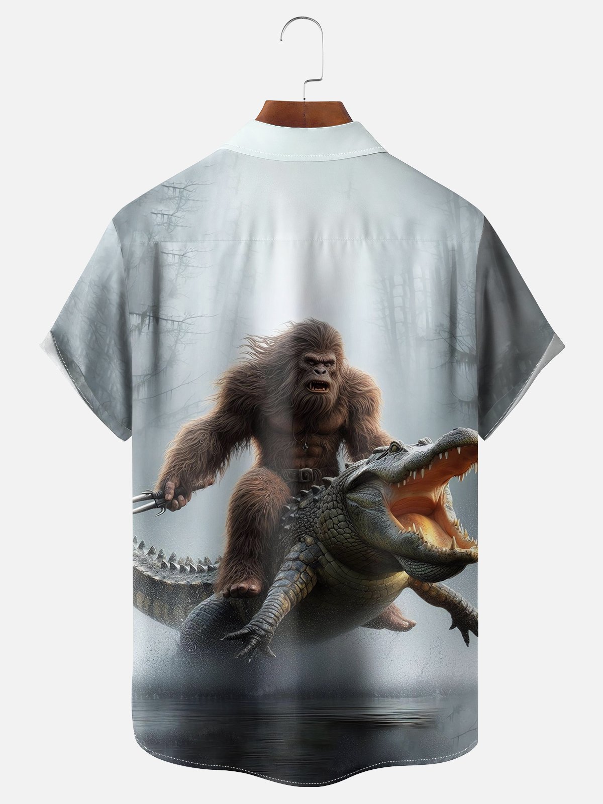 Moisture-wicking Bigfoot vs. Giant Crocodile Chest Pocket Hawaiian Shirt