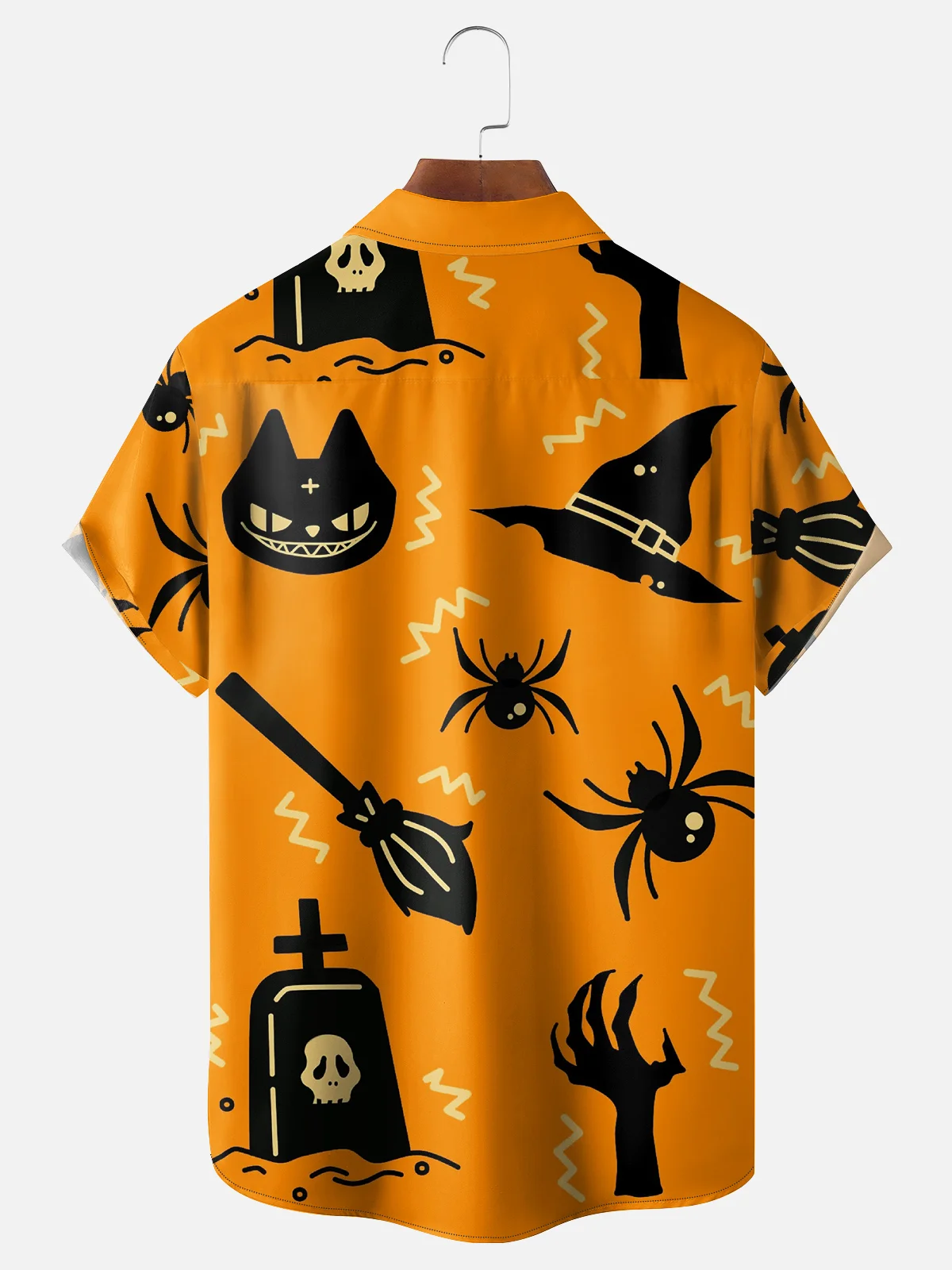 Moisture Wicking Halloween Cat Skeleton Chest Pocket Hawaiian Shirt