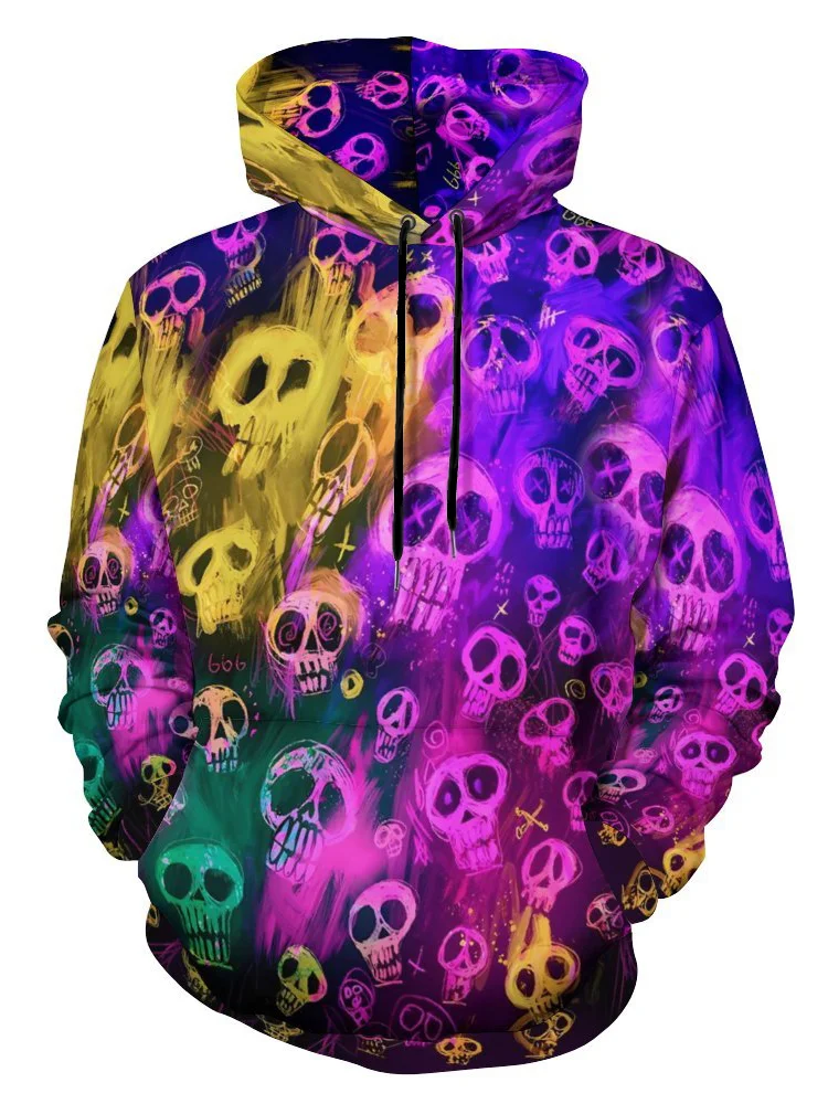 Moisture-wicking Artistic Skull Illustration Hooded Long Sleeve Sweatshirt