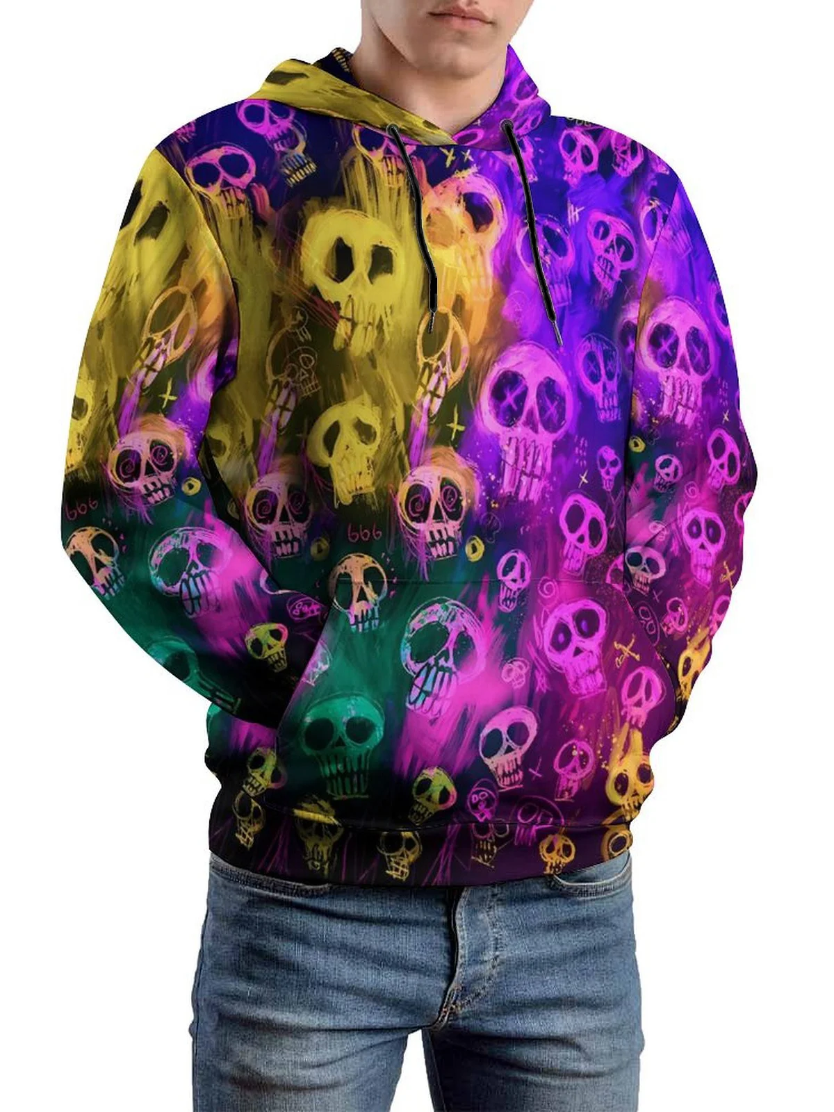 Moisture-wicking Artistic Skull Illustration Hooded Long Sleeve Sweatshirt