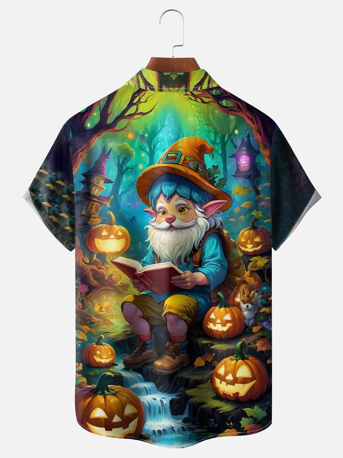 Moisture-wicking Gnome and Pumpkin Chest Pocket Hawaiian Shirt