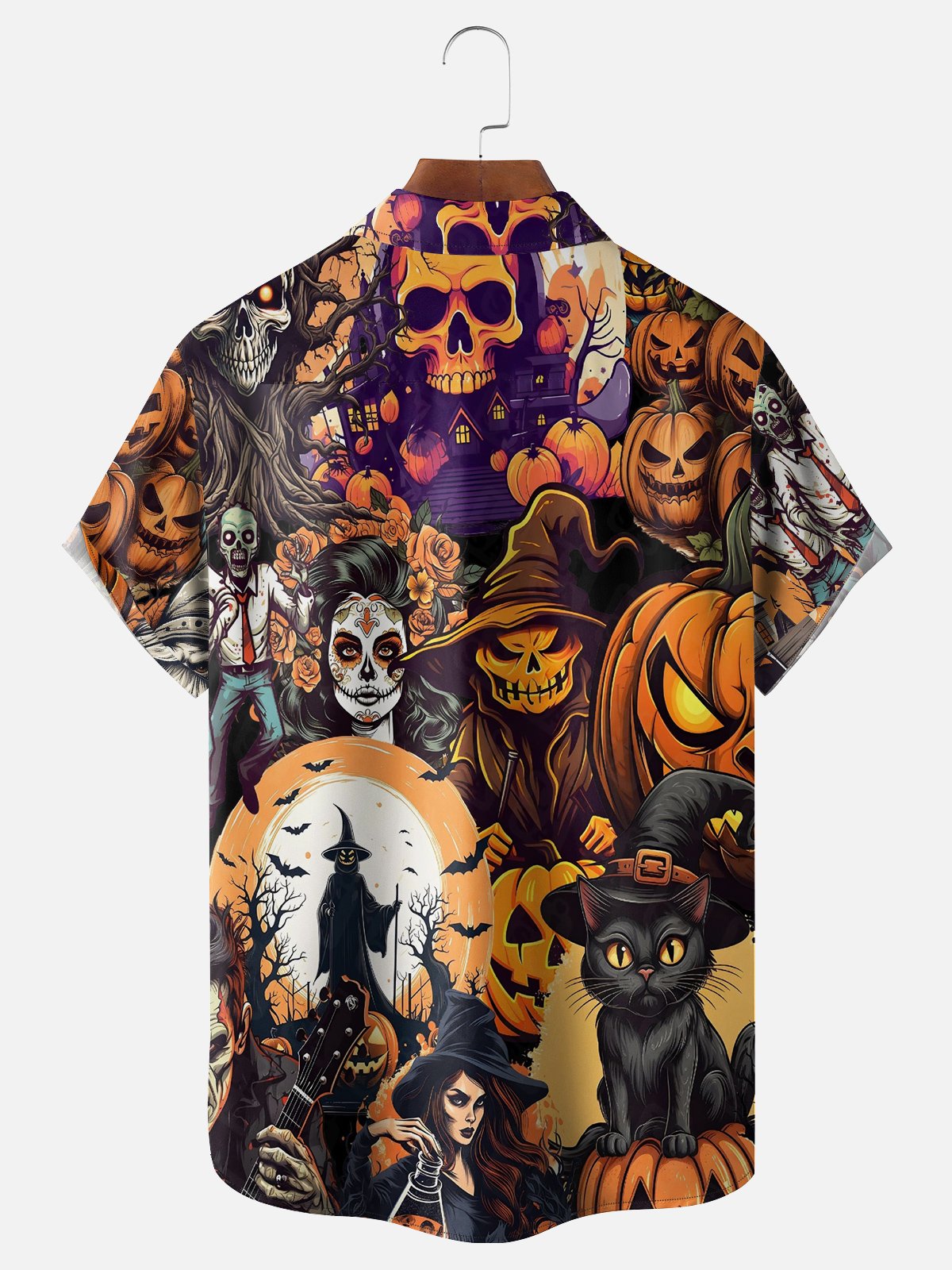 Moisture-wicking Halloween Pumpkin Cat Skeleton Chest Pocket Hawaiian Shirt