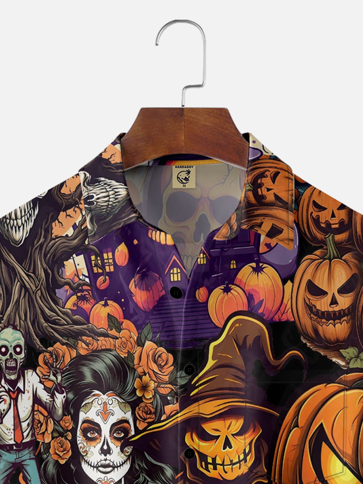 Moisture-wicking Halloween Pumpkin Cat Skeleton Chest Pocket Hawaiian Shirt