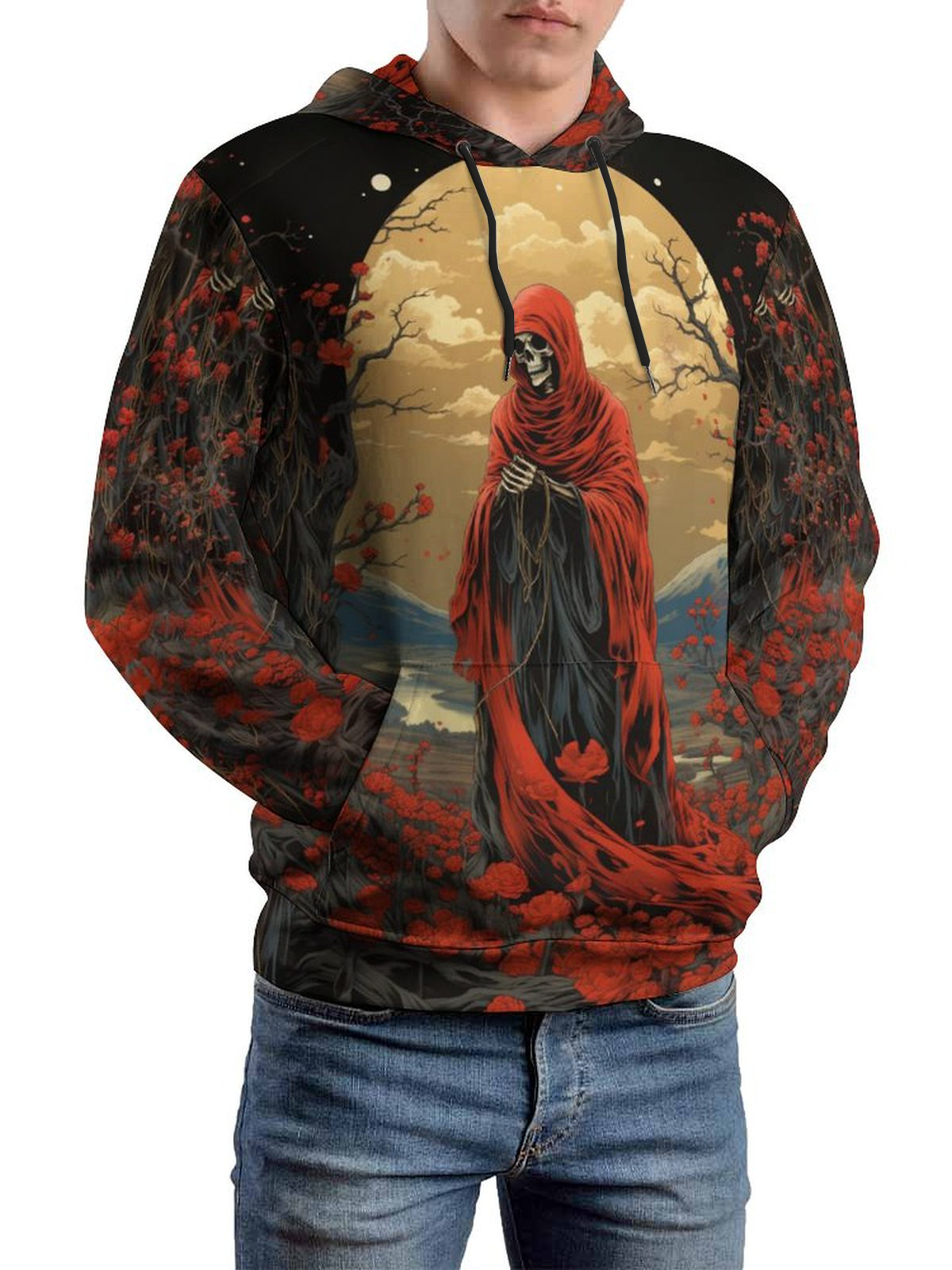 Moisture-wicking Skull Praying Painting Hooded Long Sleeve Sweatshirt