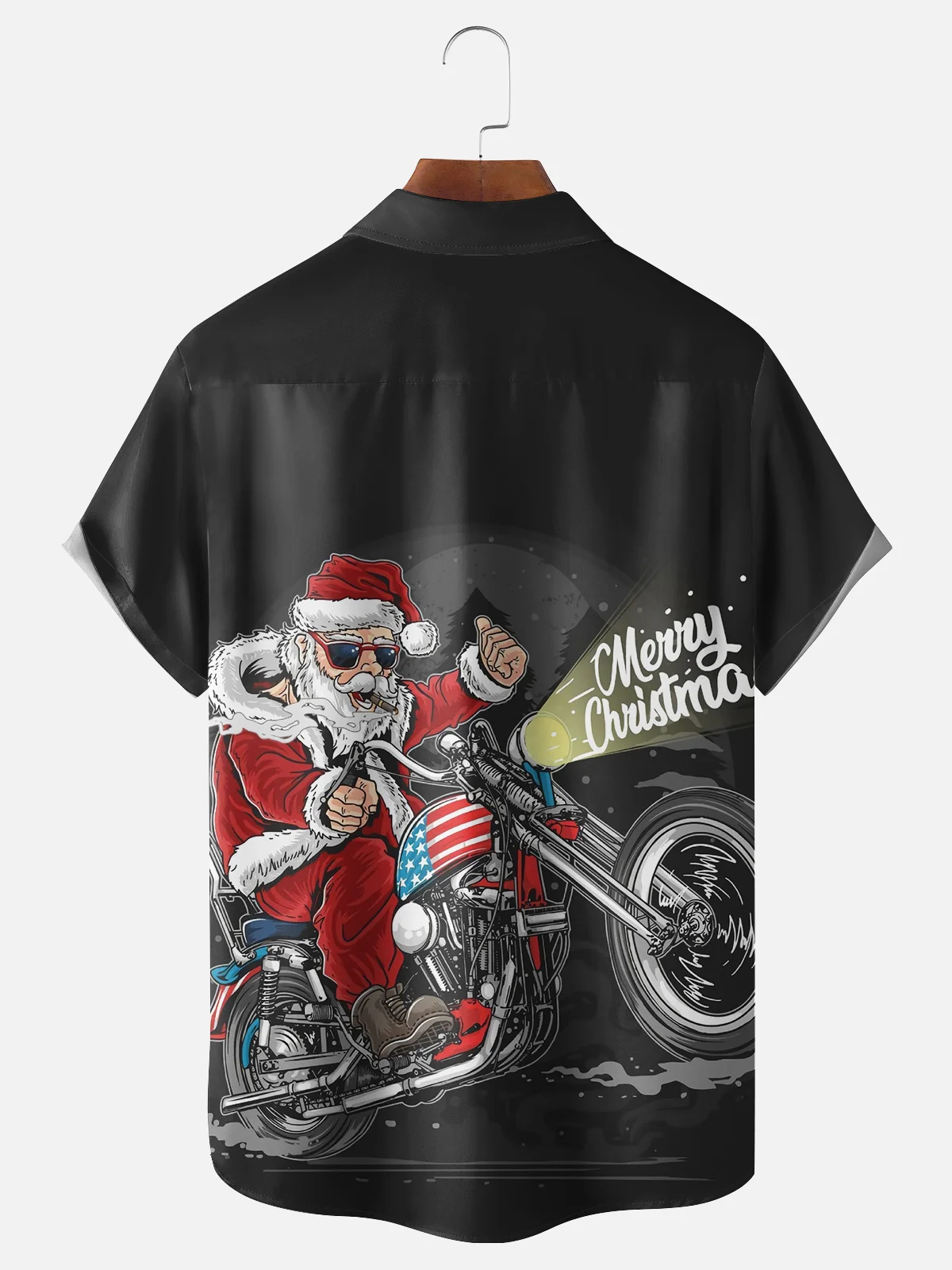 Men's Santa Print Casual Short Sleeve Shirt with Breast Pocket