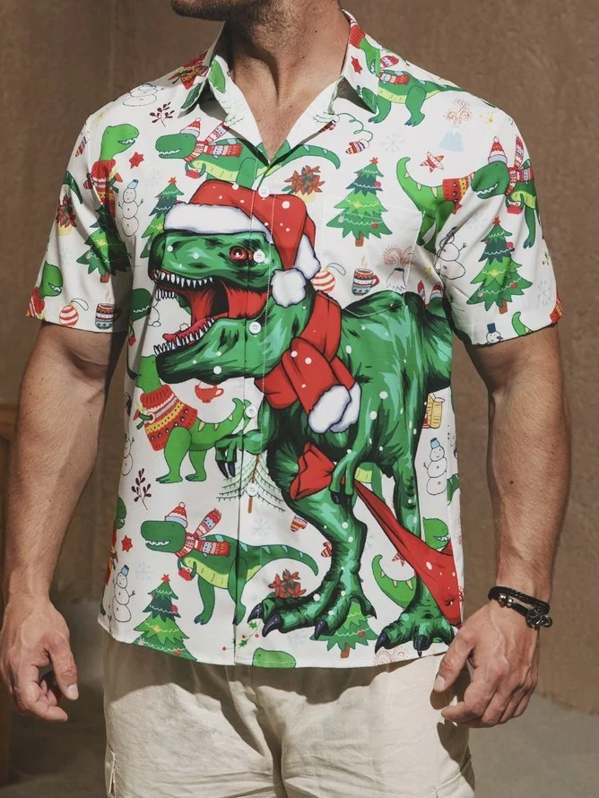 Tall Size Moisture wicking Christmas Dinosaur Hawaiian Shirt