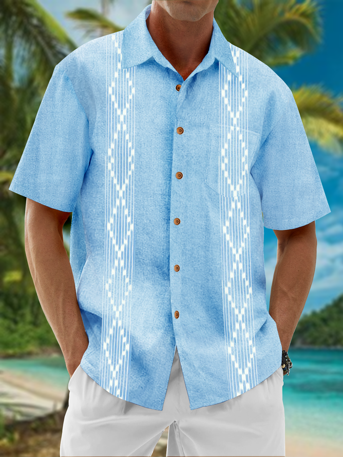 Tall Size Moisture wicking Striped  Chest Pocket Guayabera Shirt