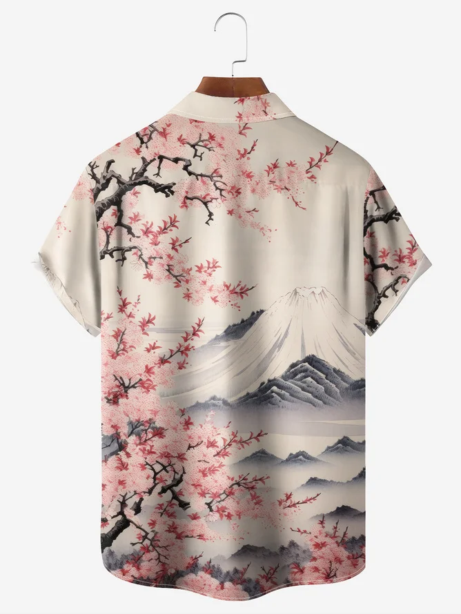 Tall Size Moisture-wicking Ukiyoe Japanese Mount Fuji Chest Pocket Hawaiian Shirt