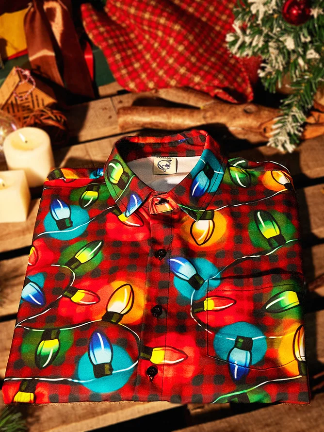 Tall Size Christmas Decorated Chest Pocket Short Sleeve Casual Shirt