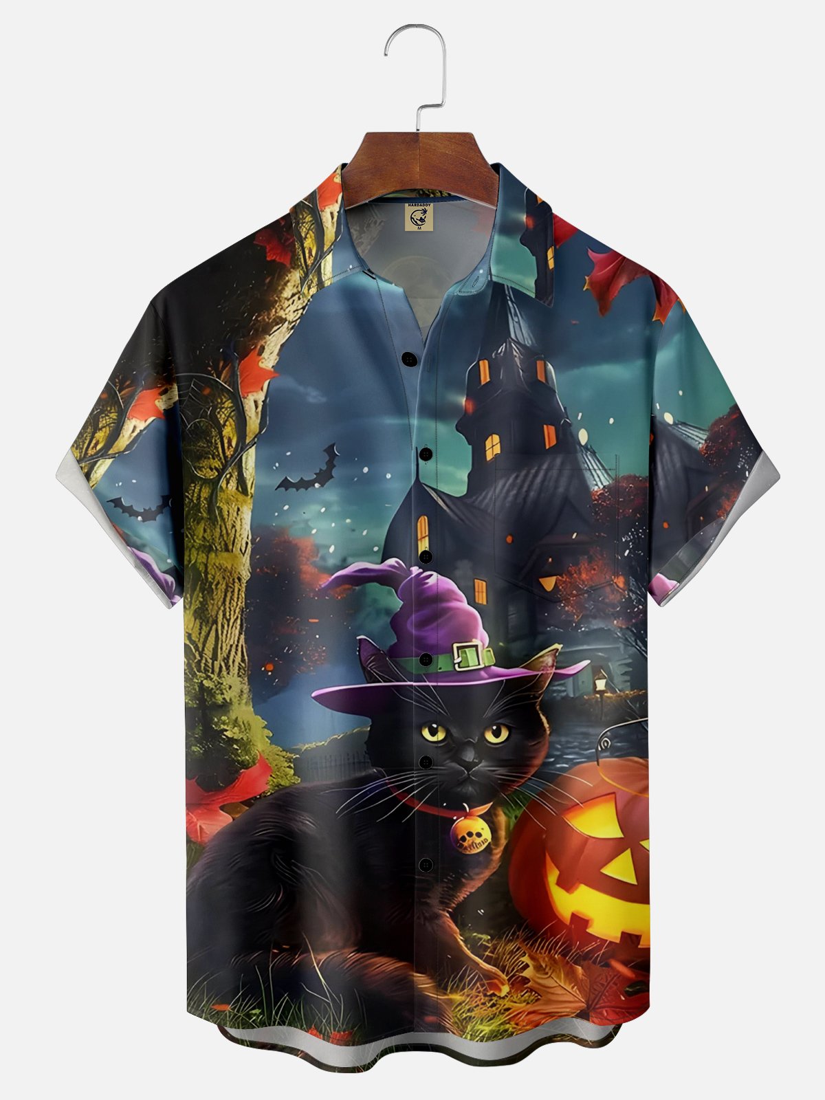 Moisture-wicking Halloween Black Cat Chest Pocket Casual Shirt