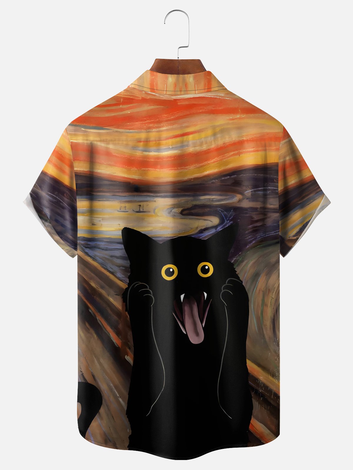 Moisture-wicking Screaming Black Cat Chest Pocket Hawaiian Shirt