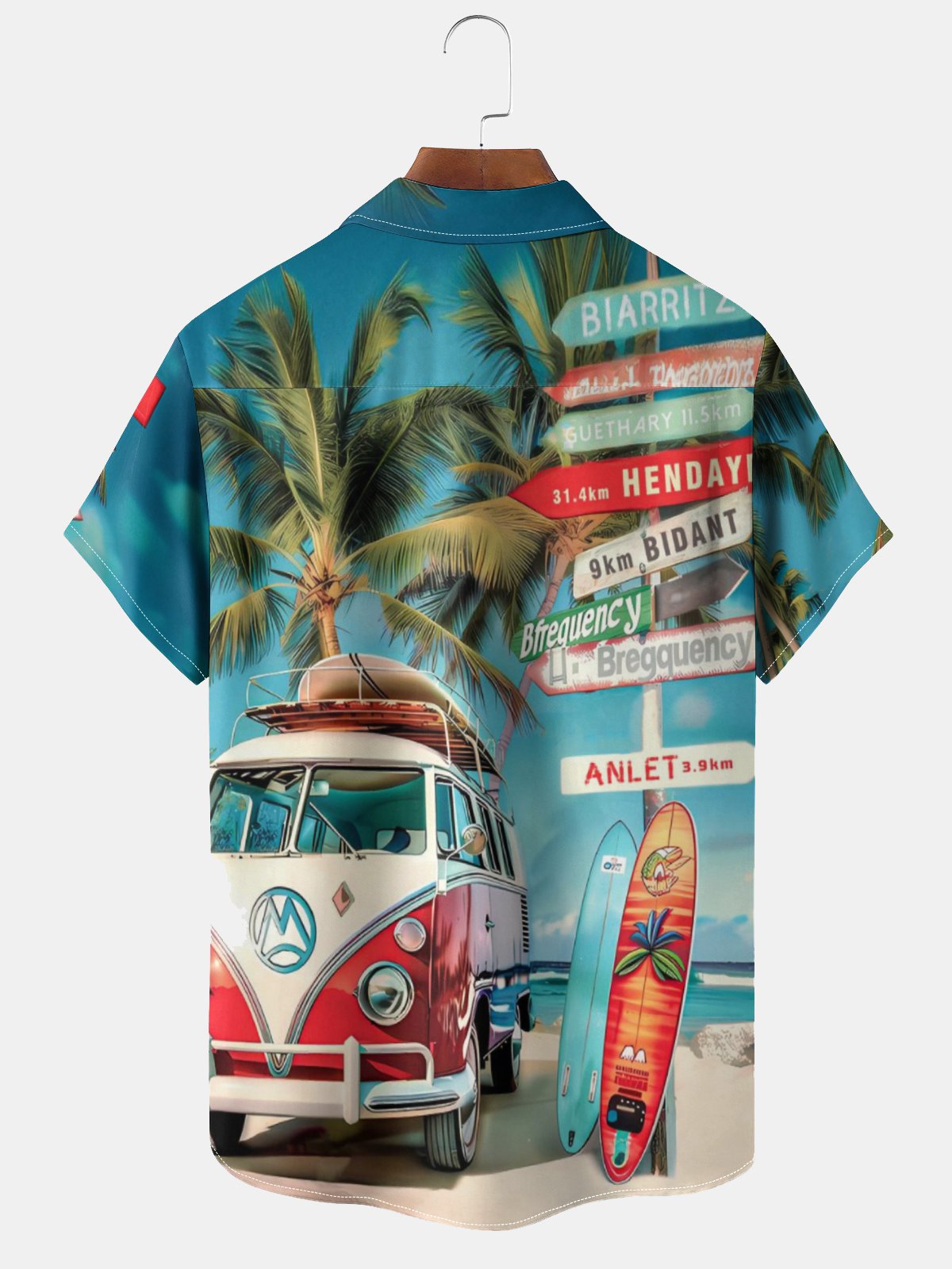 Moisture-wicking Vintage Car Palm Tree Chest Pocket Hawaiian Shirt