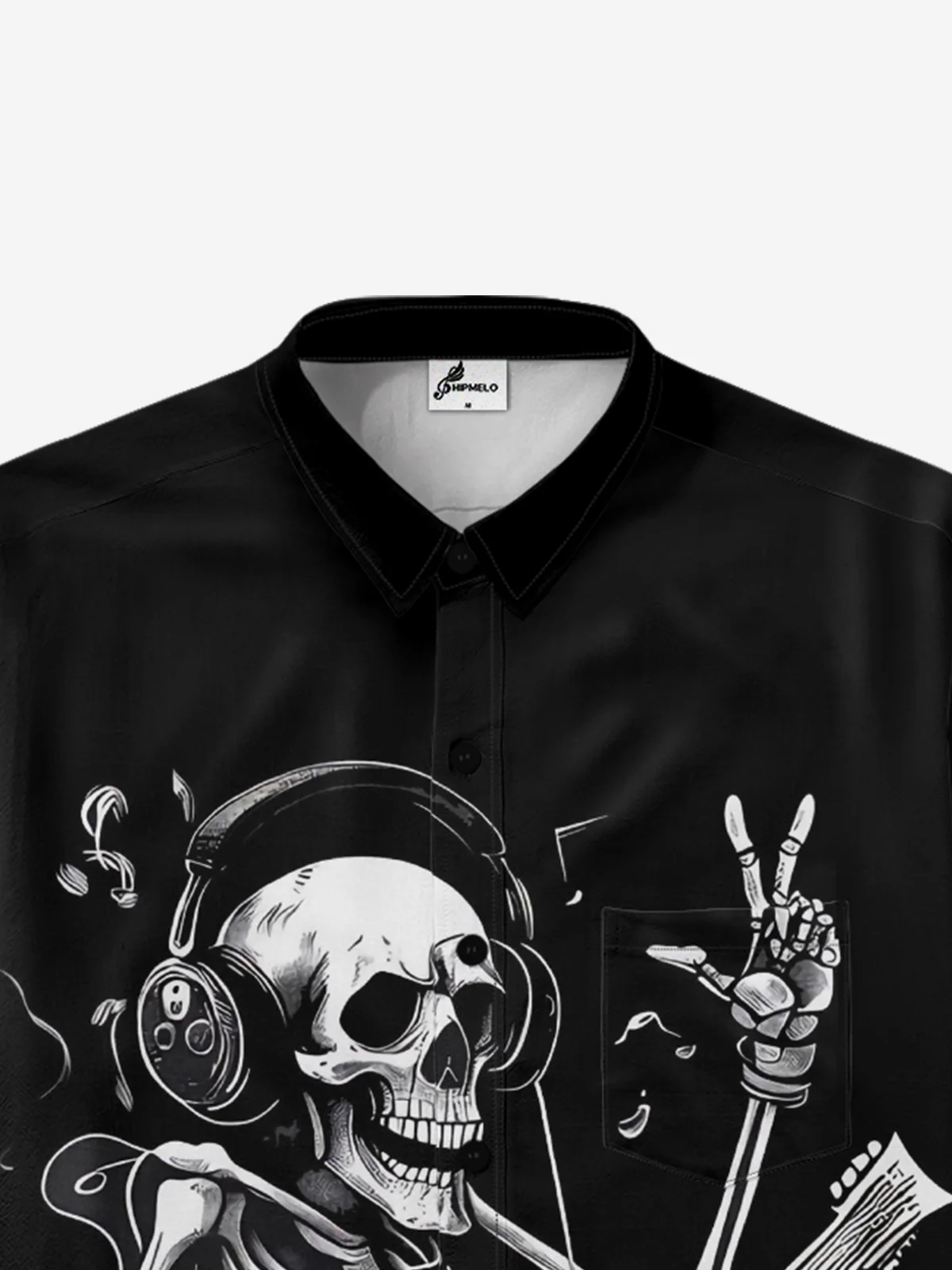 Moisture-wicking Halloween Music Skull Guitar Chest Pocket Casual Shirt