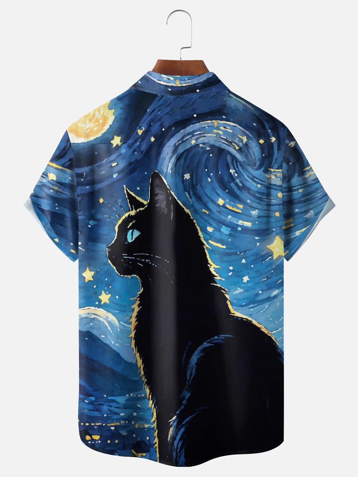 Moisture-wicking Starry Night Black Cat Chest Pocket Hawaiian Shirt