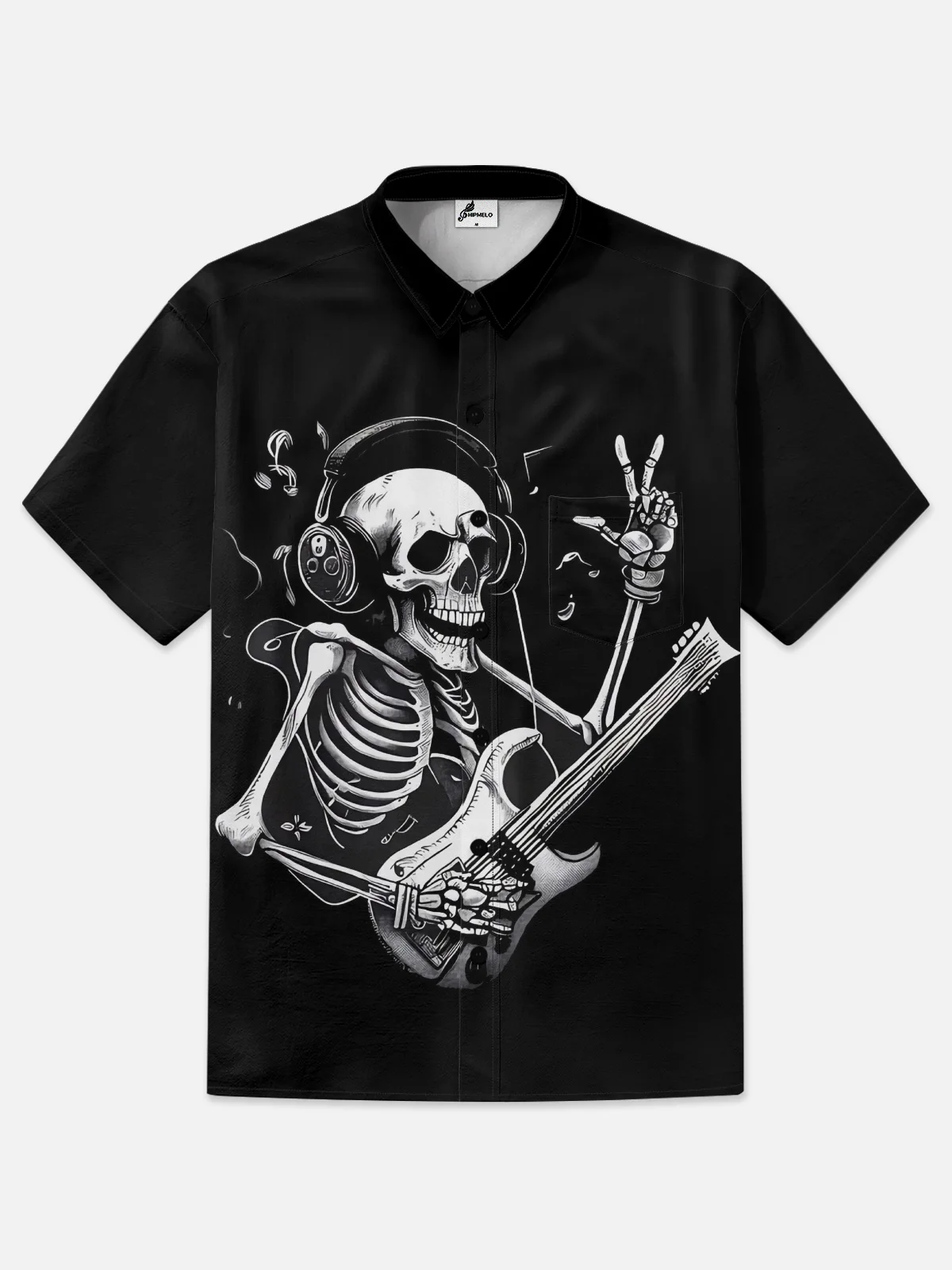 Moisture-wicking Halloween Music Skull Guitar Chest Pocket Casual Shirt