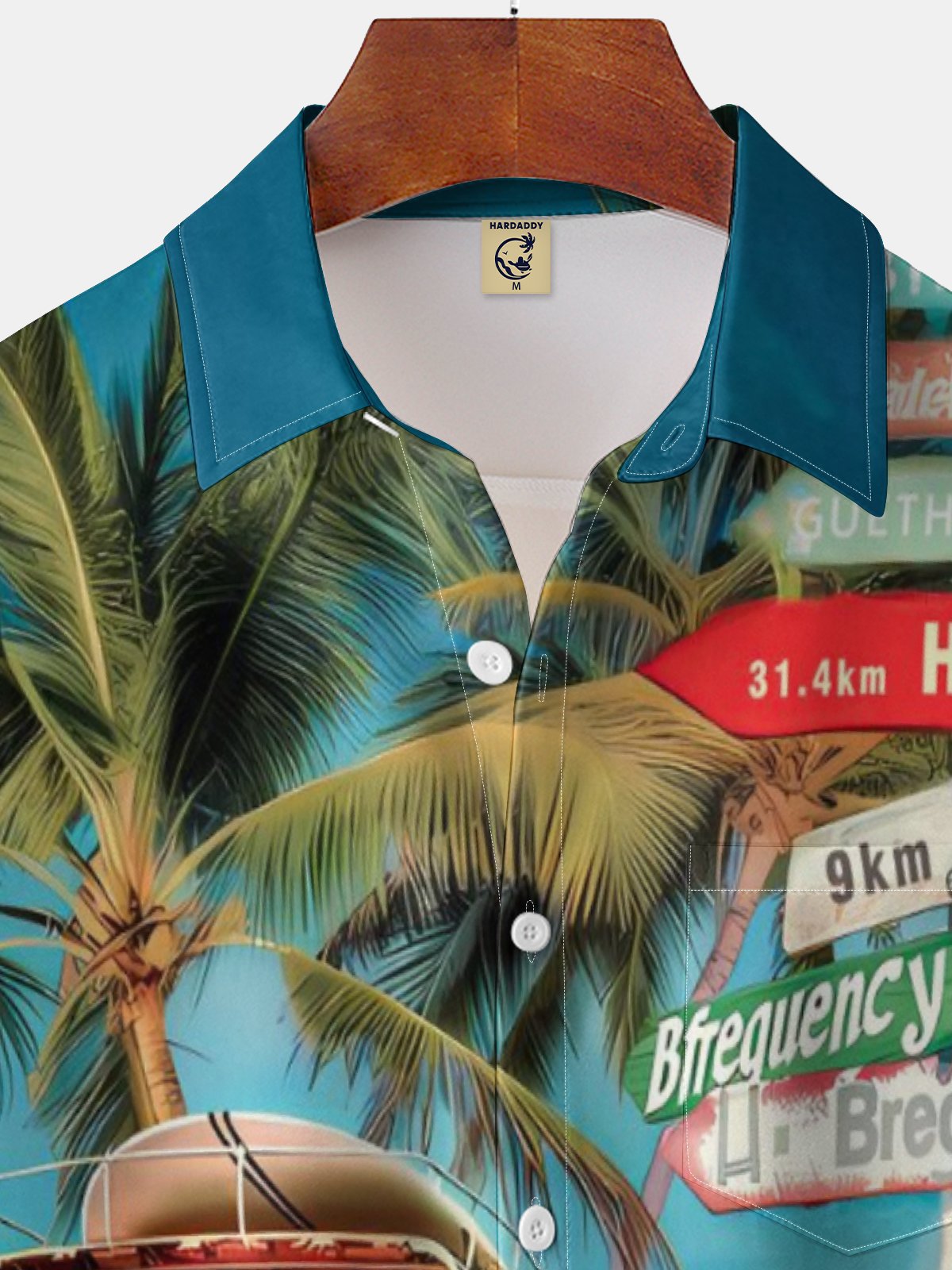 Moisture-wicking Vintage Car Palm Tree Chest Pocket Hawaiian Shirt