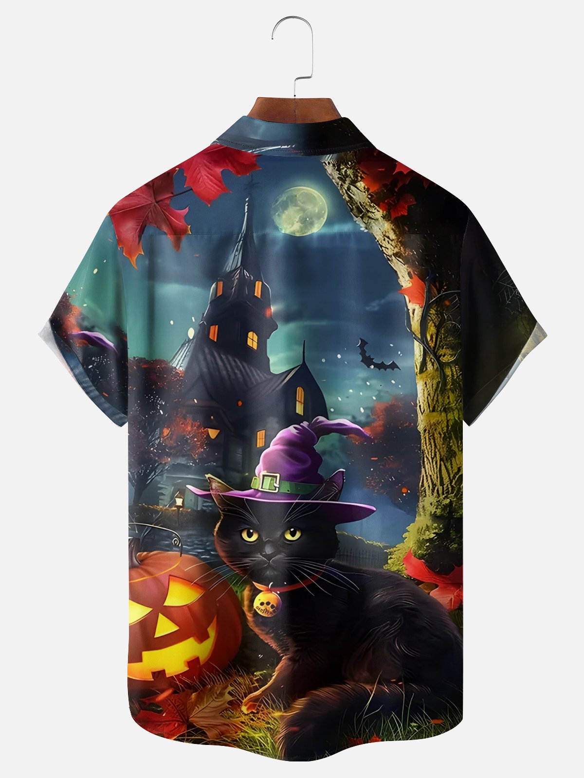 Moisture-wicking Halloween Black Cat Chest Pocket Casual Shirt