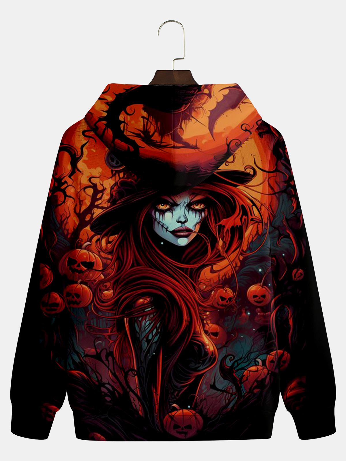 Pumpkin and Witch Hooded Long Sleeve Sweatshirt