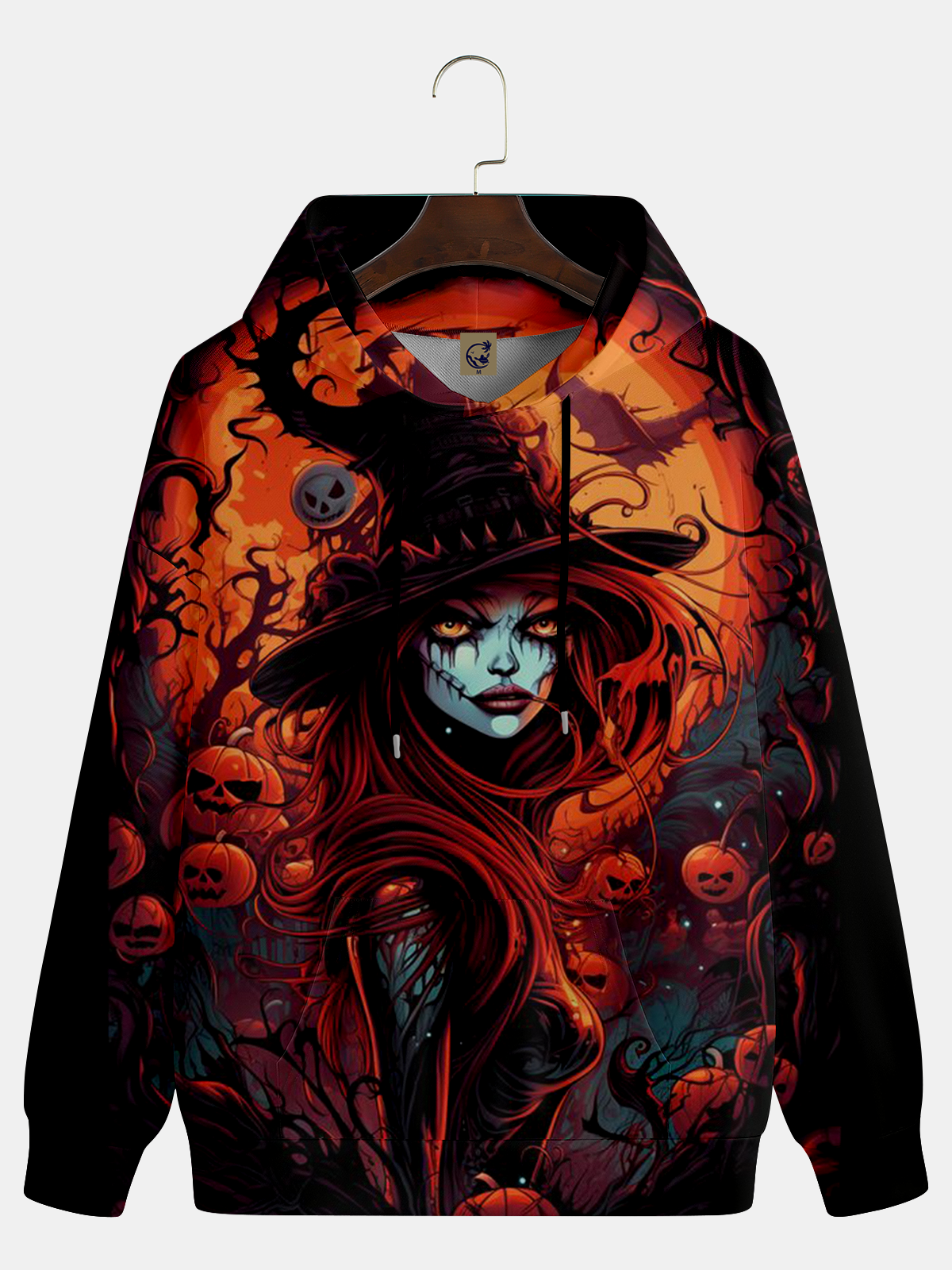 Pumpkin and Witch Hooded Long Sleeve Sweatshirt