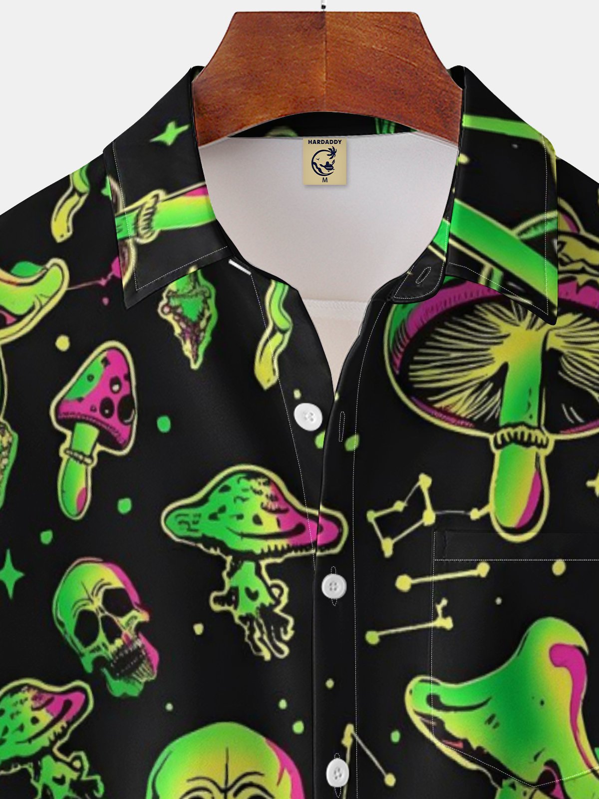 Moisture-wicking Mushroom Skull Chest Pocket Hawaiian Shirt