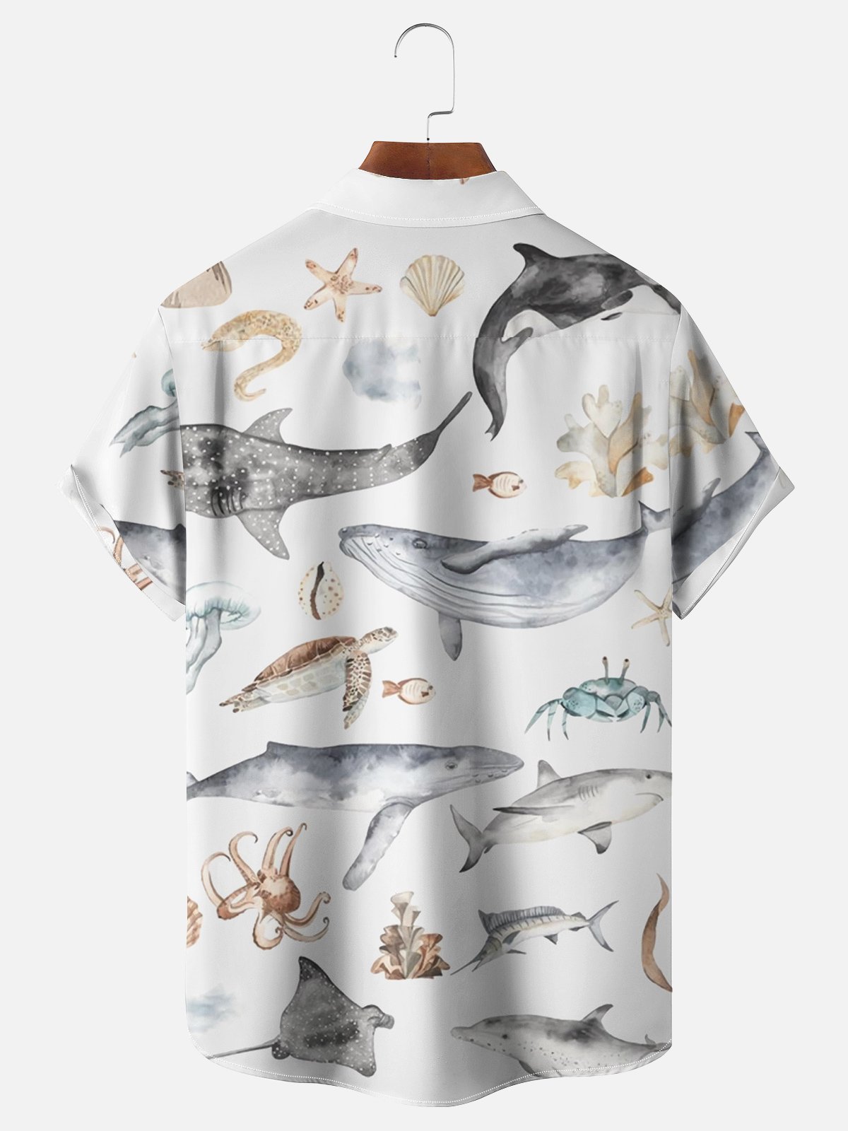 Moisture-wicking Sea Life Watercolor Chest Pocket Hawaiian Shirt