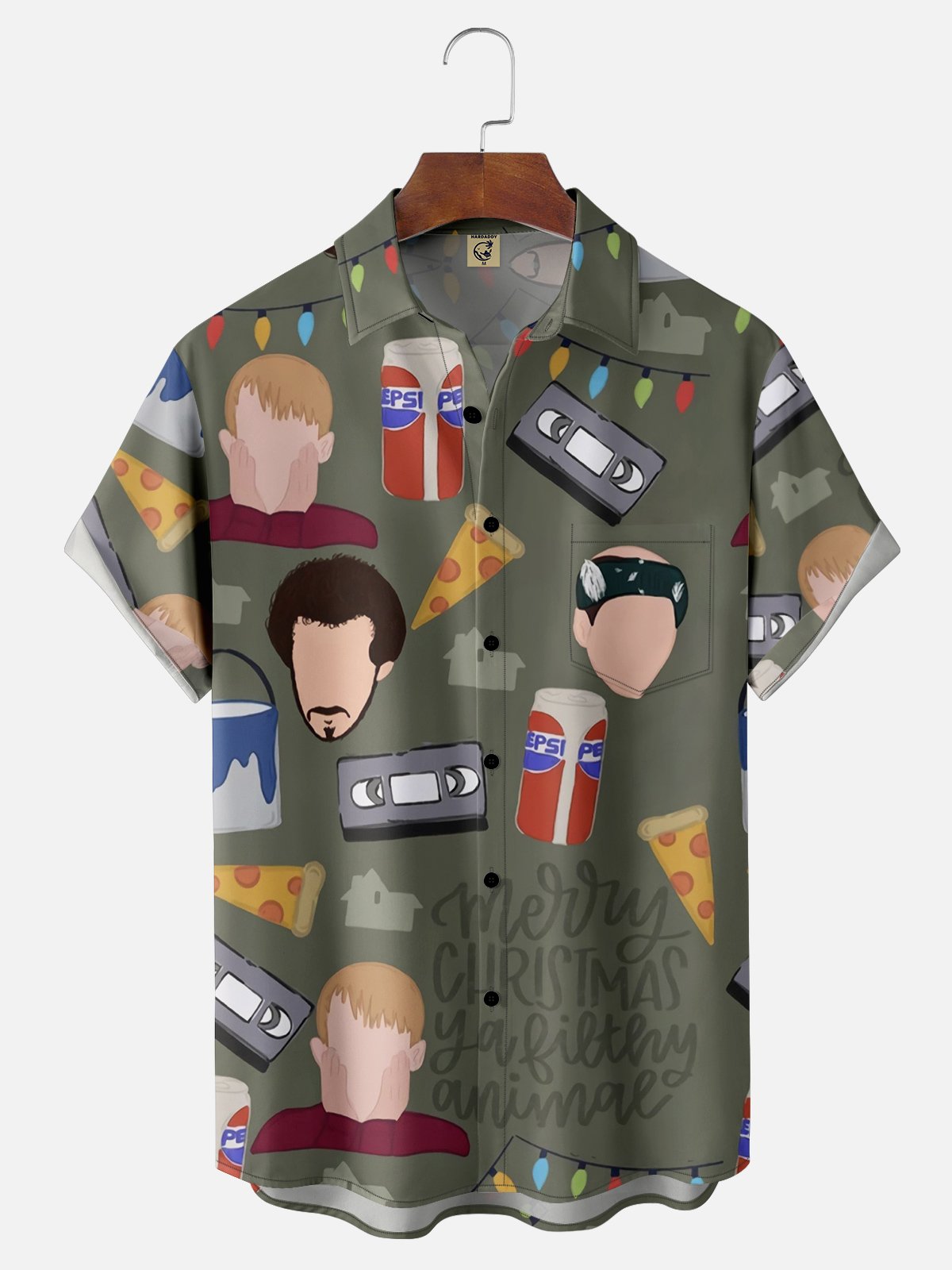 Moisture-wicking Christmas Characters Chest Pocket Hawaiian Shirt