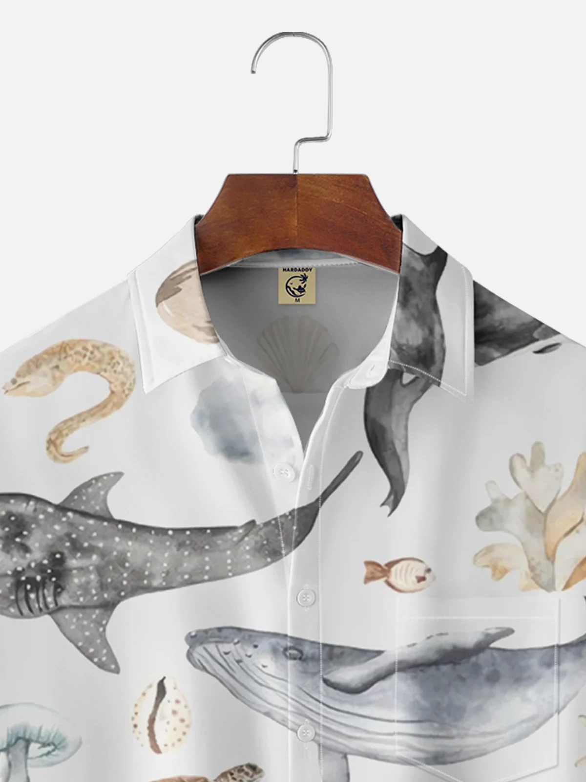 Moisture-wicking Sea Life Watercolor Chest Pocket Hawaiian Shirt