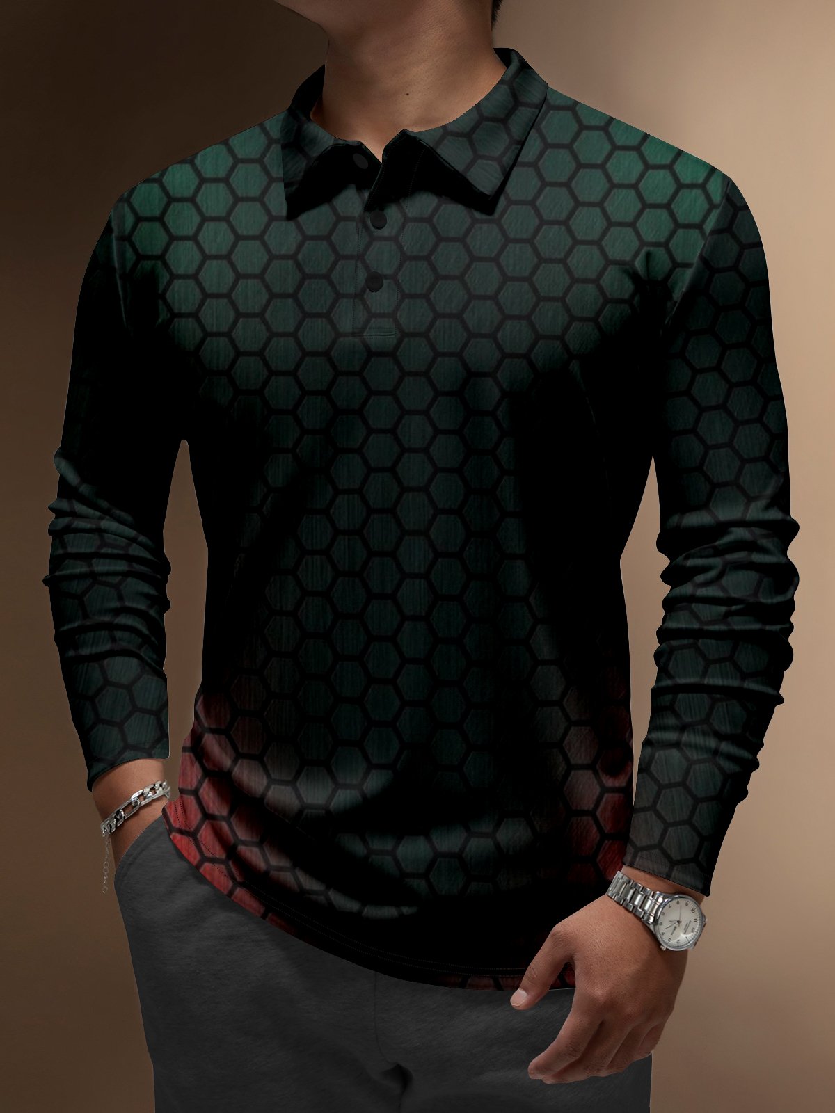 Moisture Wicking Long Sleeve Golf Polo 3D Abstract Gradient Geometric