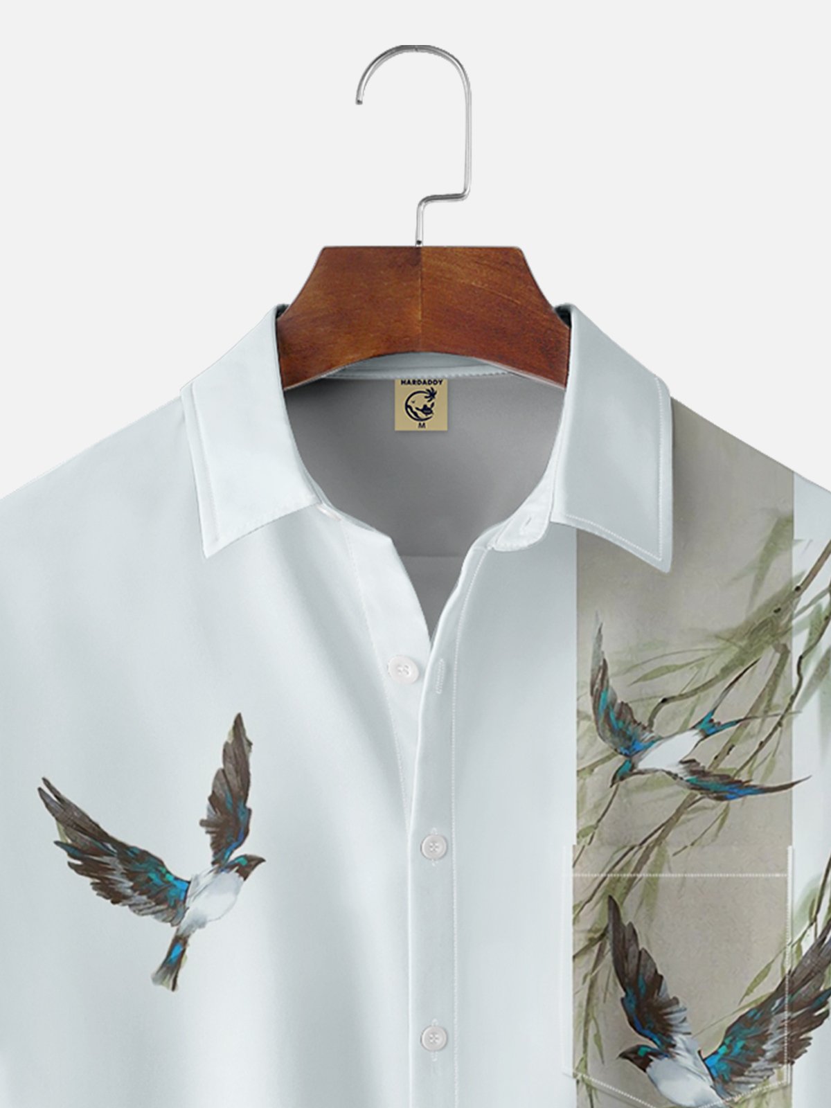 Moisture-wicking Bird and Flower Art Painting Chest Pocket Bowling Shirt