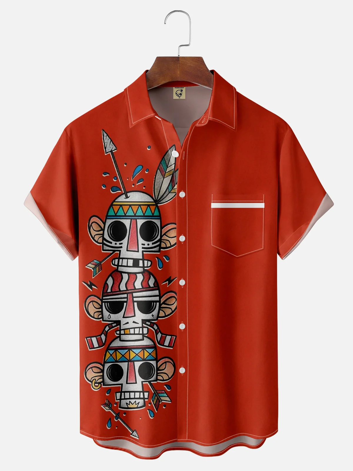 Moisture-wicking Aloha Mask Tiki Chest Pocket Bowling Shirt