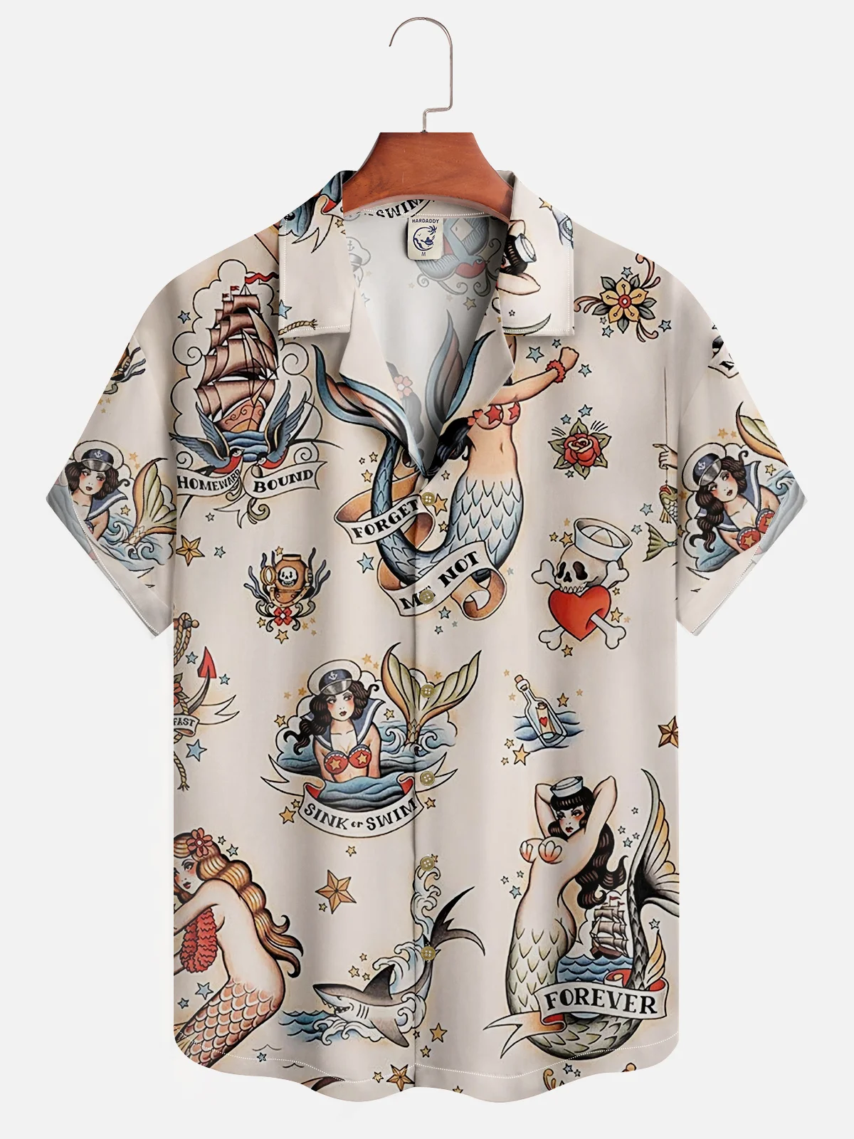 Hardaddy Mens Mermaid Print Front Buttons Soft Breathable Loose Casual Hawaiian Shirt